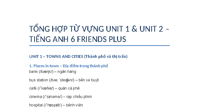 Từ Vựng Tiếng Anh 6: Friends Plus Unit 1 & 2 - Studocu