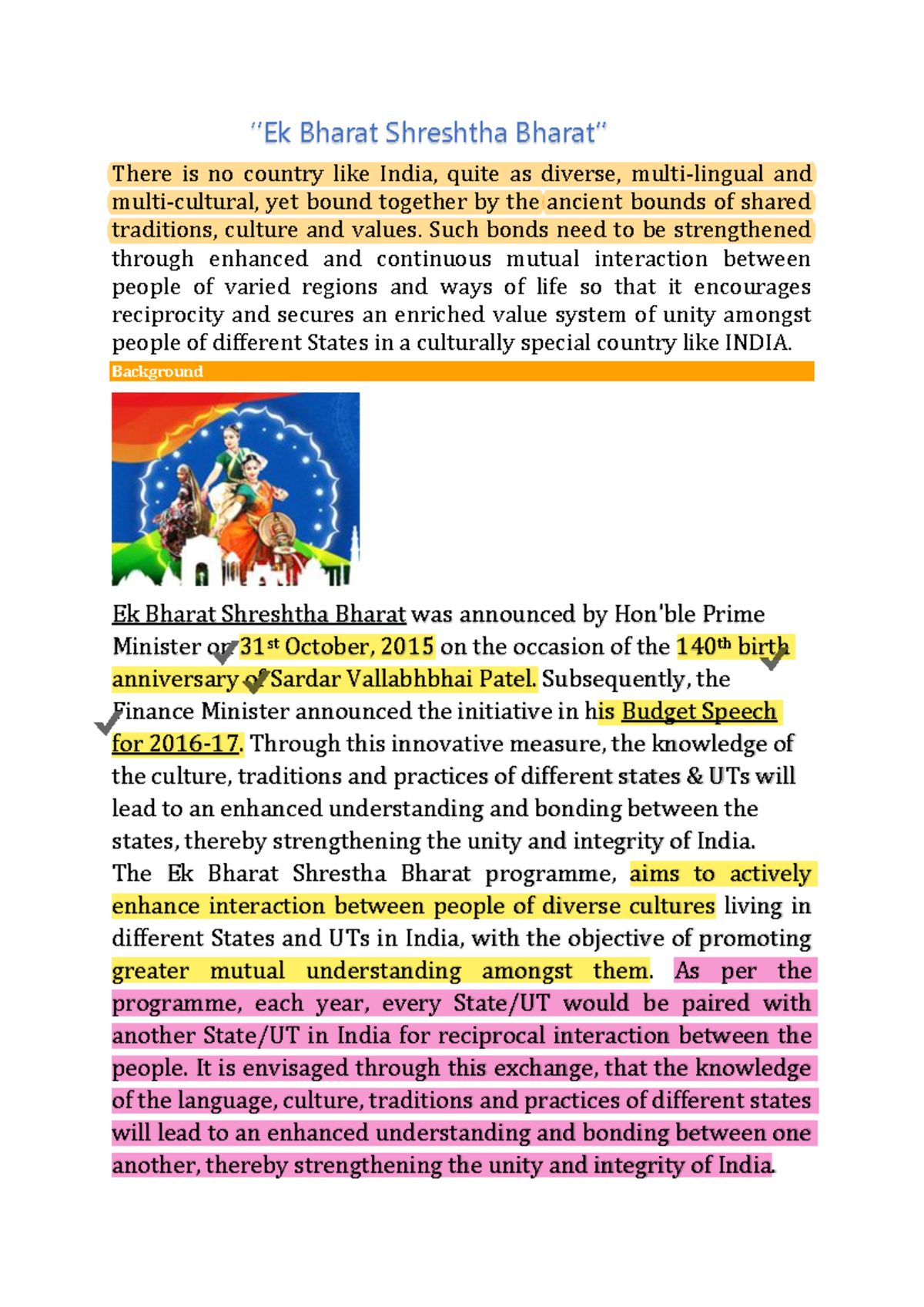 Ek Bharat Shreshtha Bharat: Strengthening Unity in Diversity - Studocu