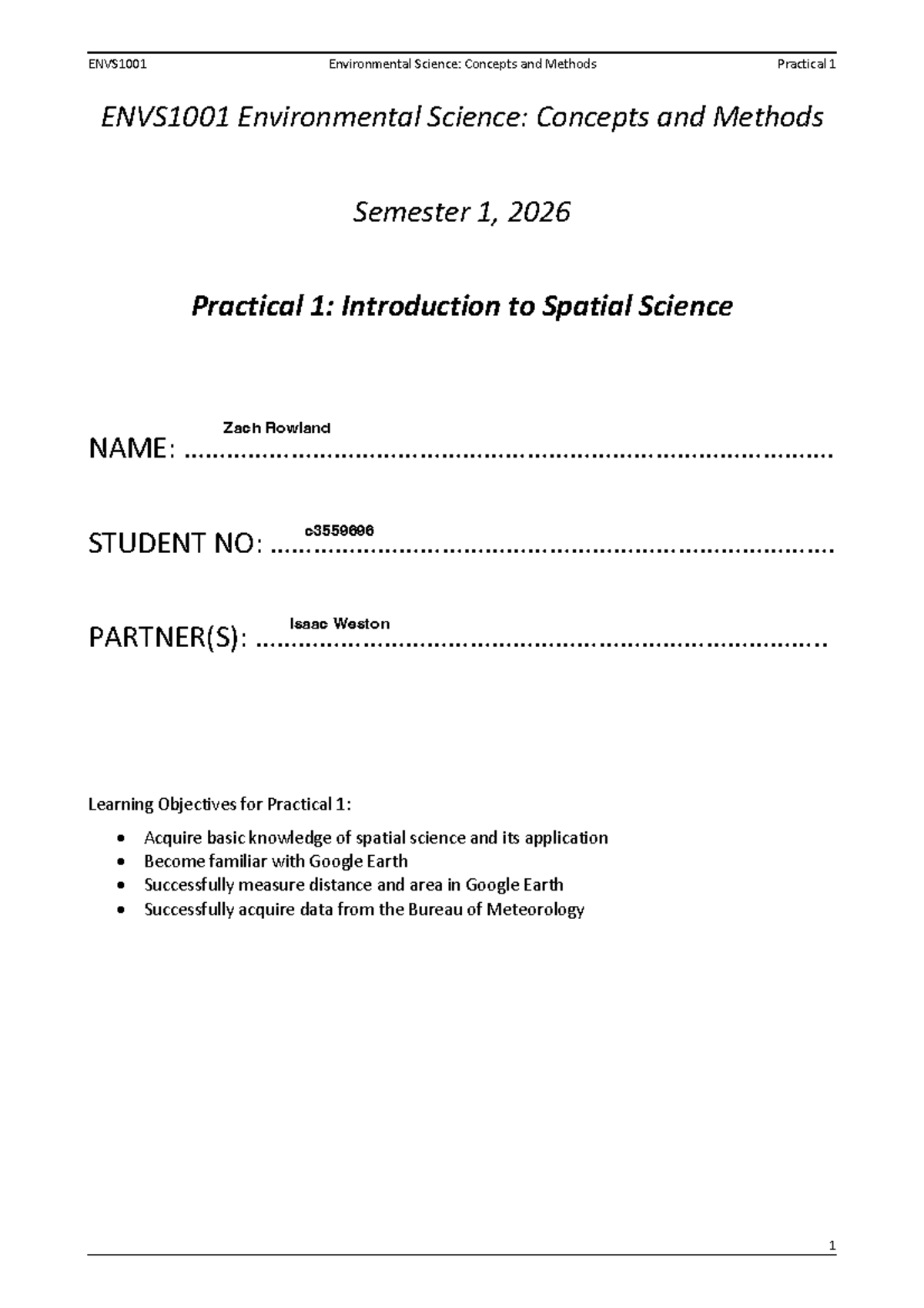 ENVS1001 Practical 1: Introduction to Spatial Science Guide - Studocu