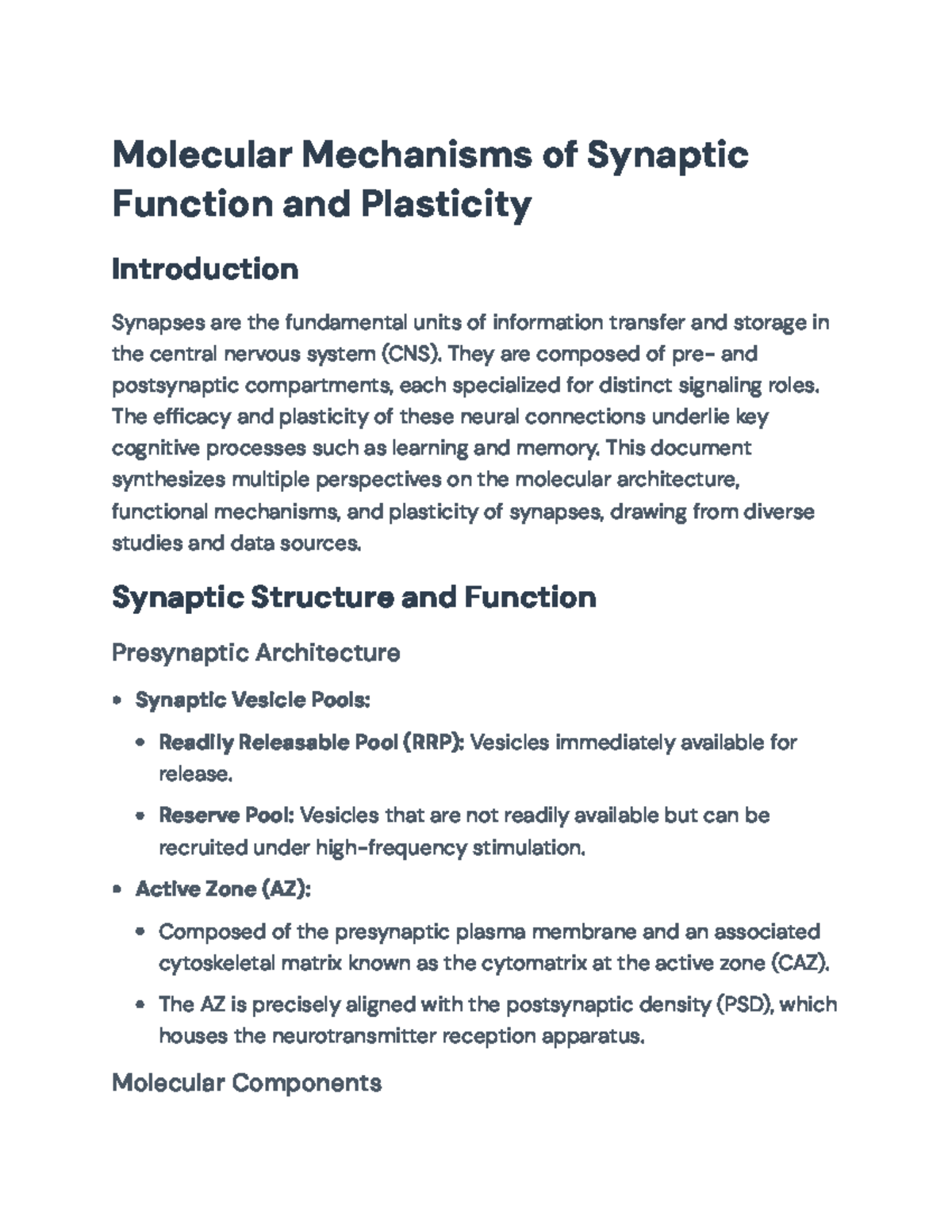 Molecular Mechanisms of Synaptic Function and Plasticity: An Overview ...