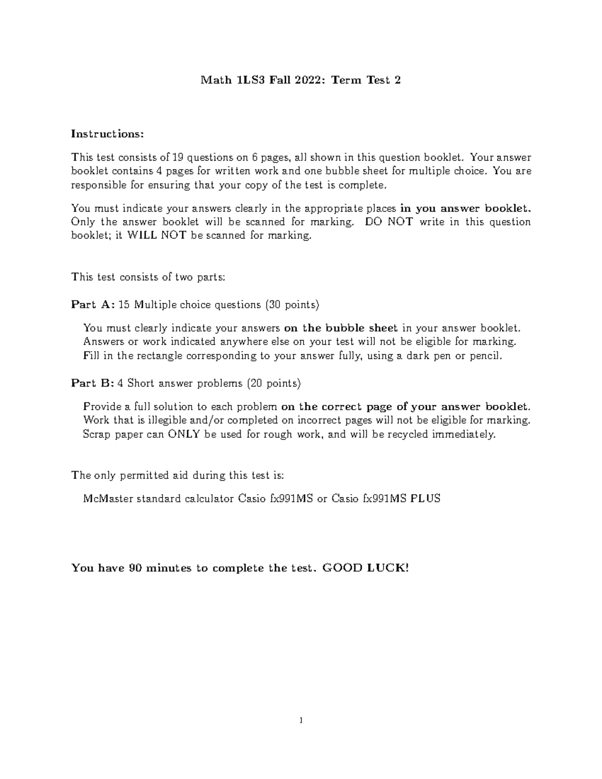 1LS3 F2022 Test2 Question Booklet - Math 1LS3 Fall 2022: Term Test 2 ...