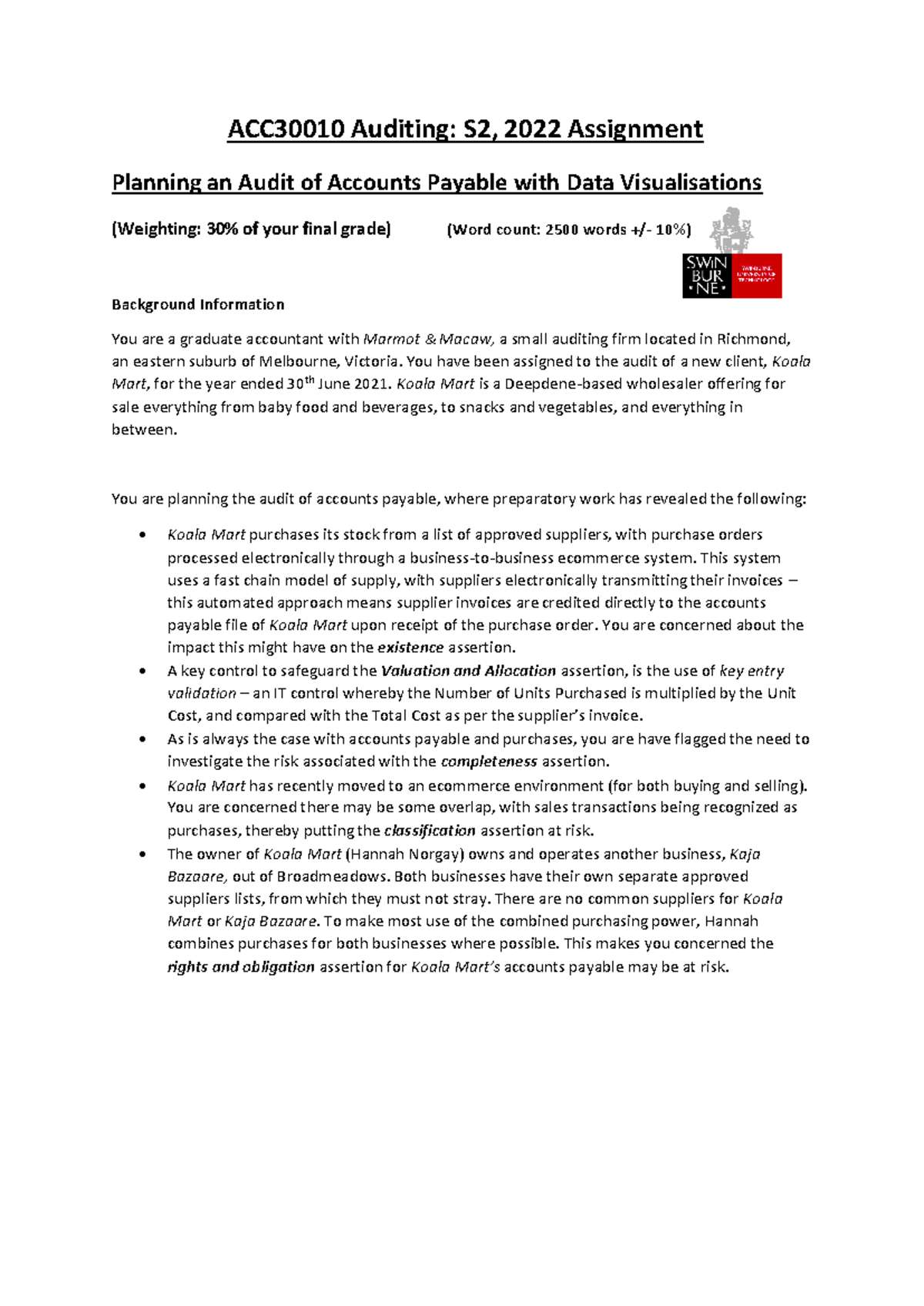 ACC30010 Auditing S2 2022: Assignment on Accounts Payable Audit Case ...