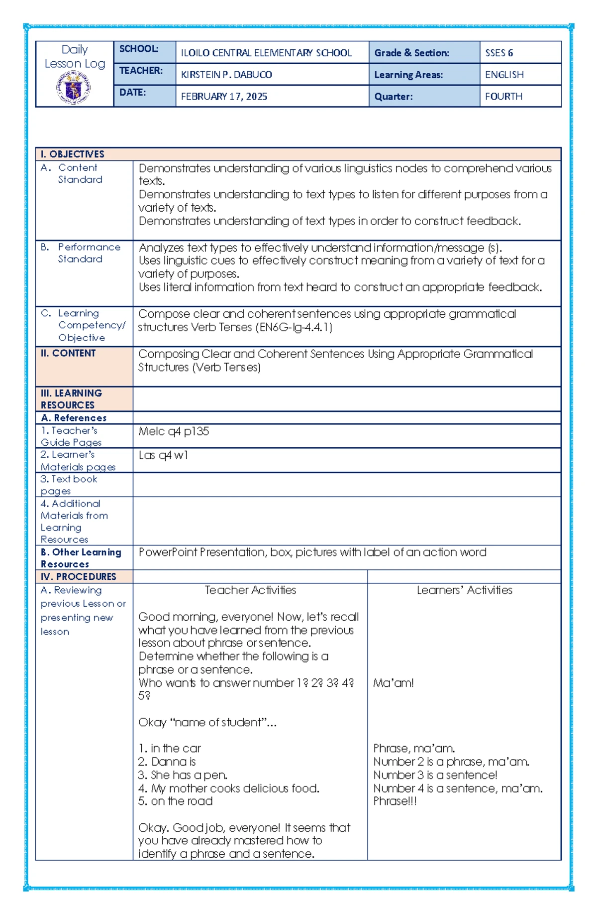 Daily Lesson Log: English 6 - Simple Present Tense (Q4) - Studocu