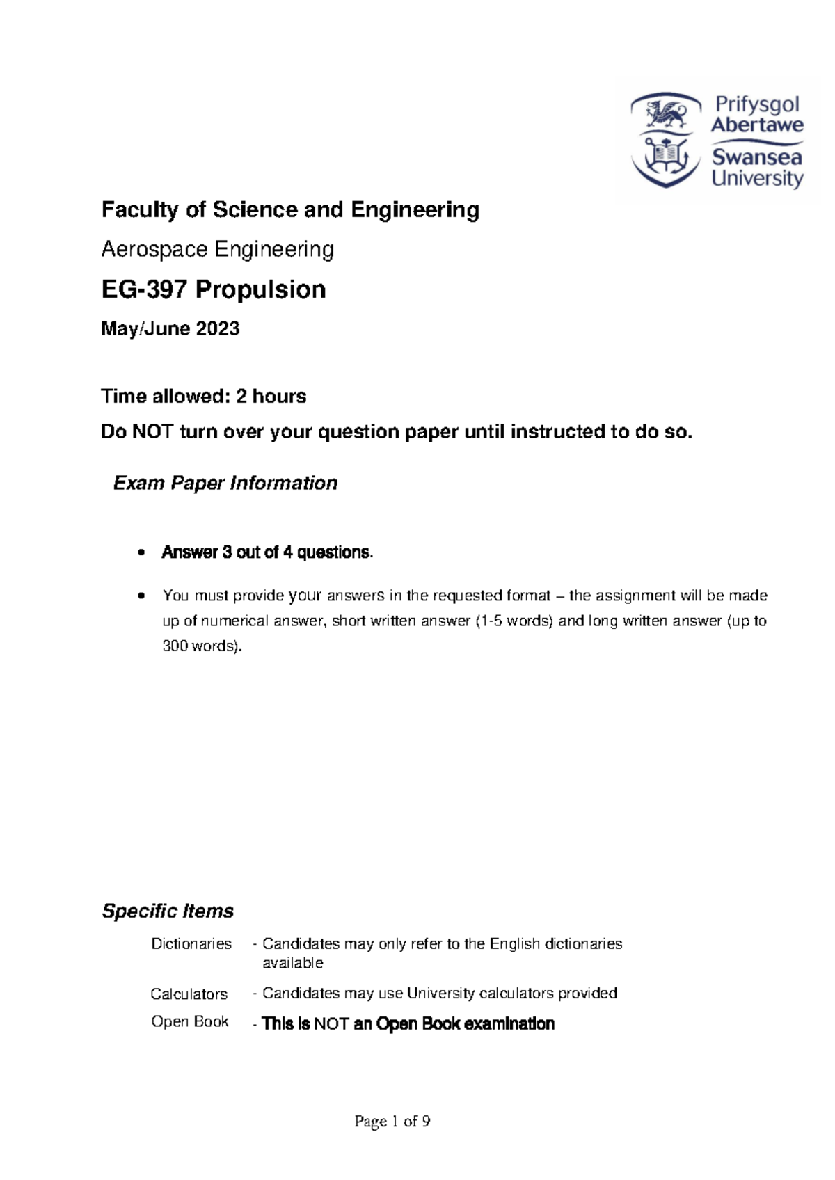 EG-397 Propulsion Final Exam Paper TB2 May/June 2023 - Studocu