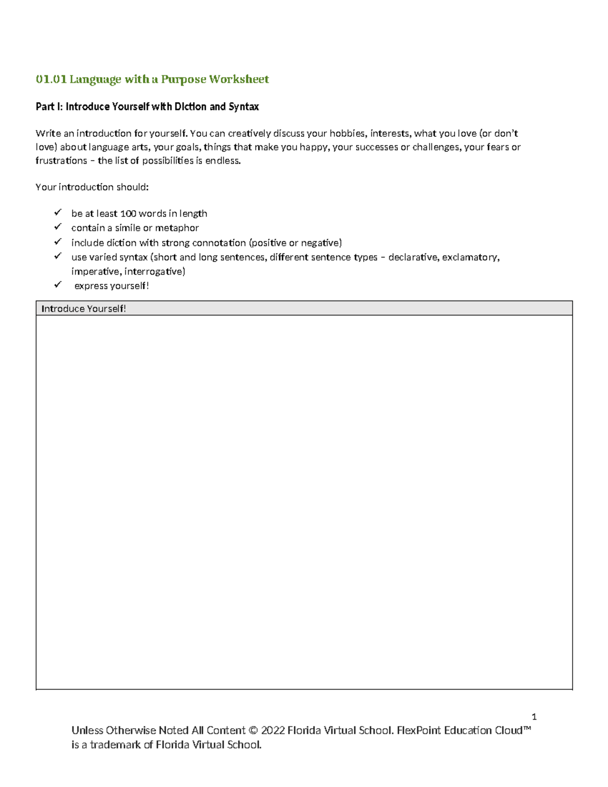 01.01 Language with a Purpose: Self-Introduction & Reflection Worksheet ...