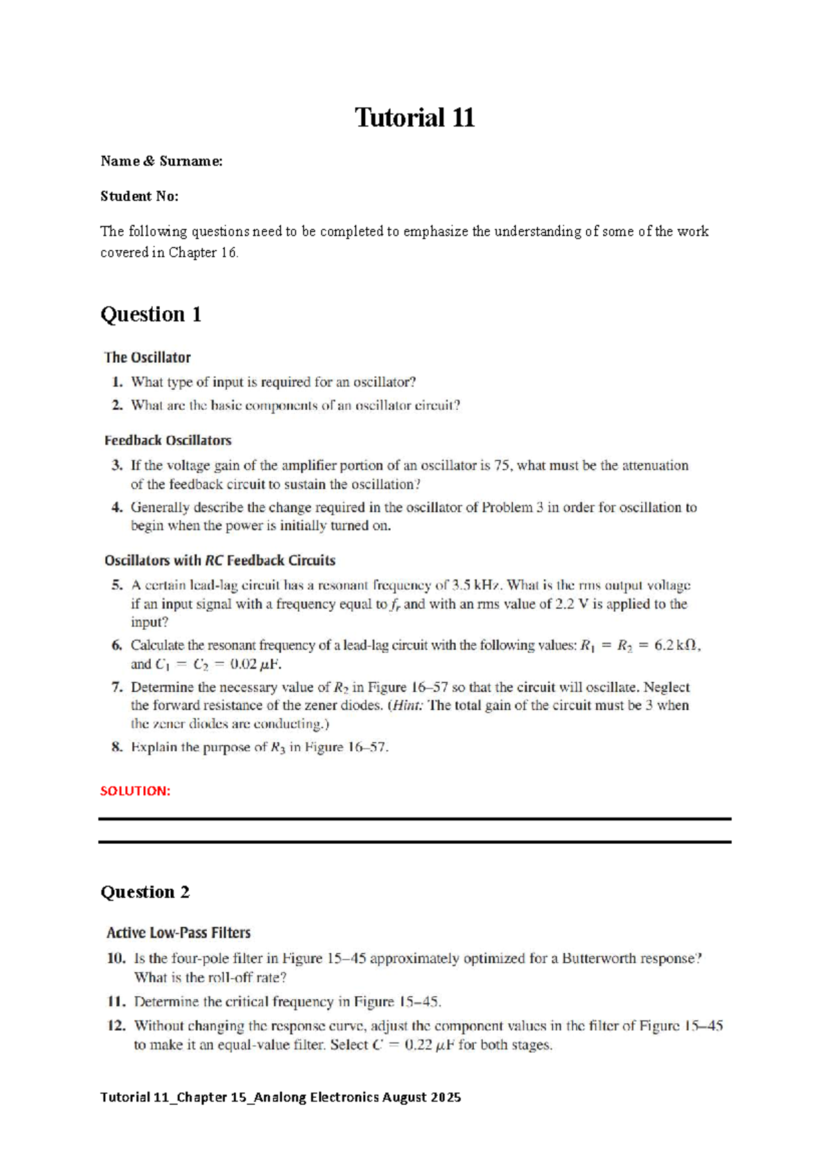 Tutorial 11: Chapter 16 Analog Electronics Solutions - Studocu