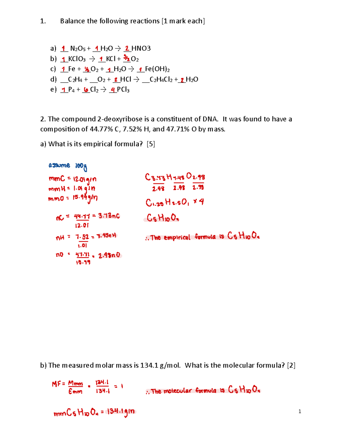 Test 1 Practice Questions and Solutions for Chem 101 - Studocu