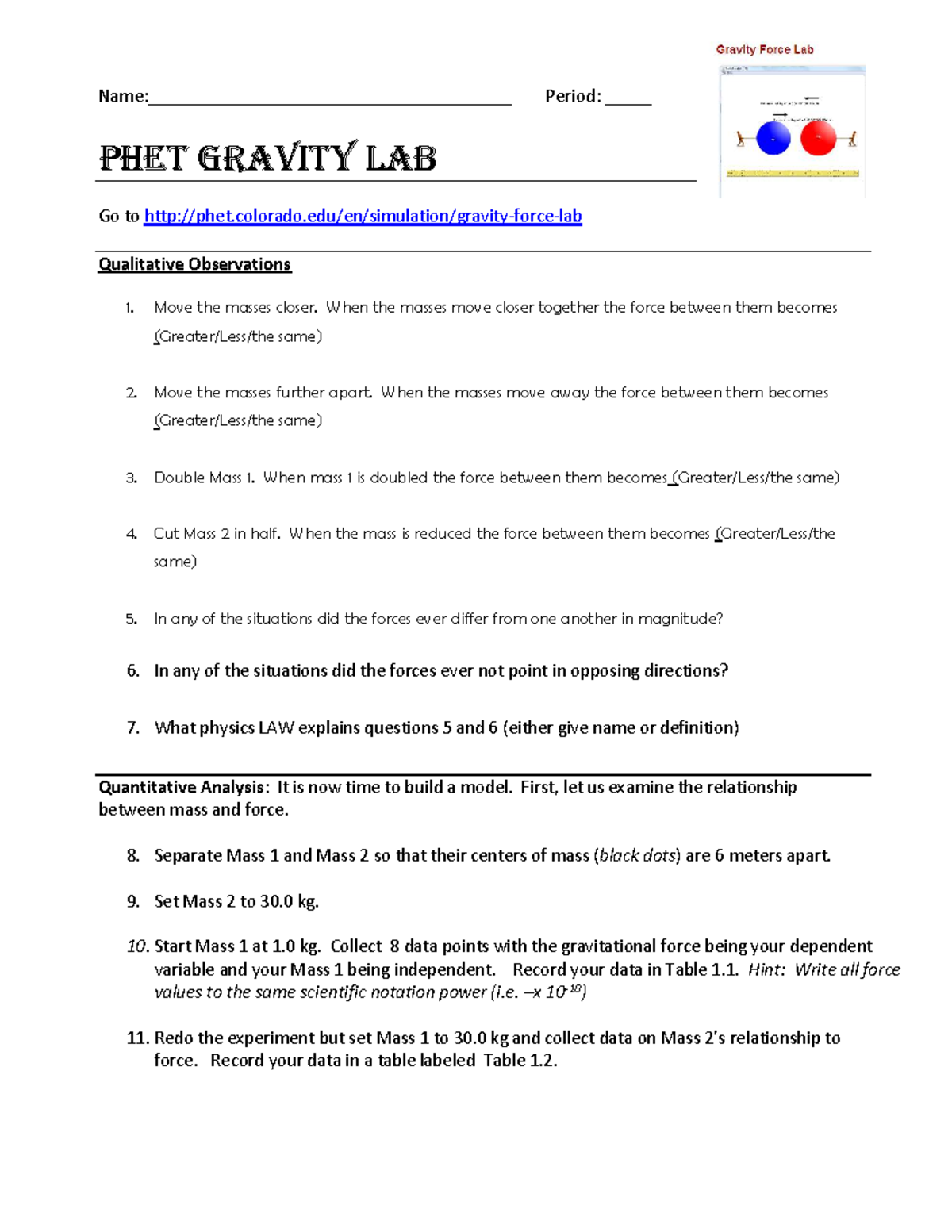 PHET Gravity Lab: Qualitative & Quantitative Observations - Studocu