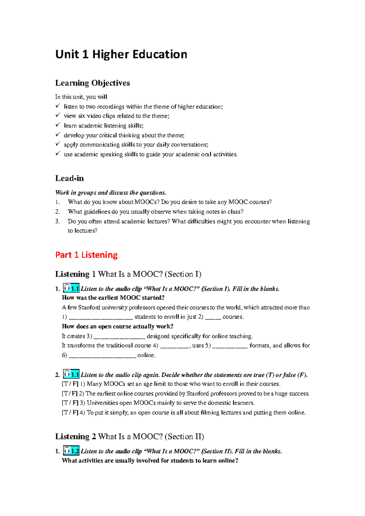 Higher Education Coursebook B2U1: Listening, Viewing & Speaking Skills ...