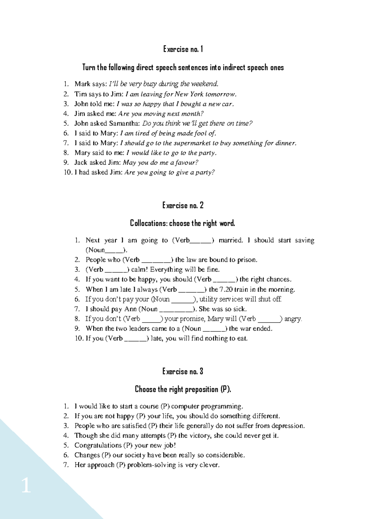 Es10 - Indirect Speech, Collocations & Prepositions Exercises - Studocu