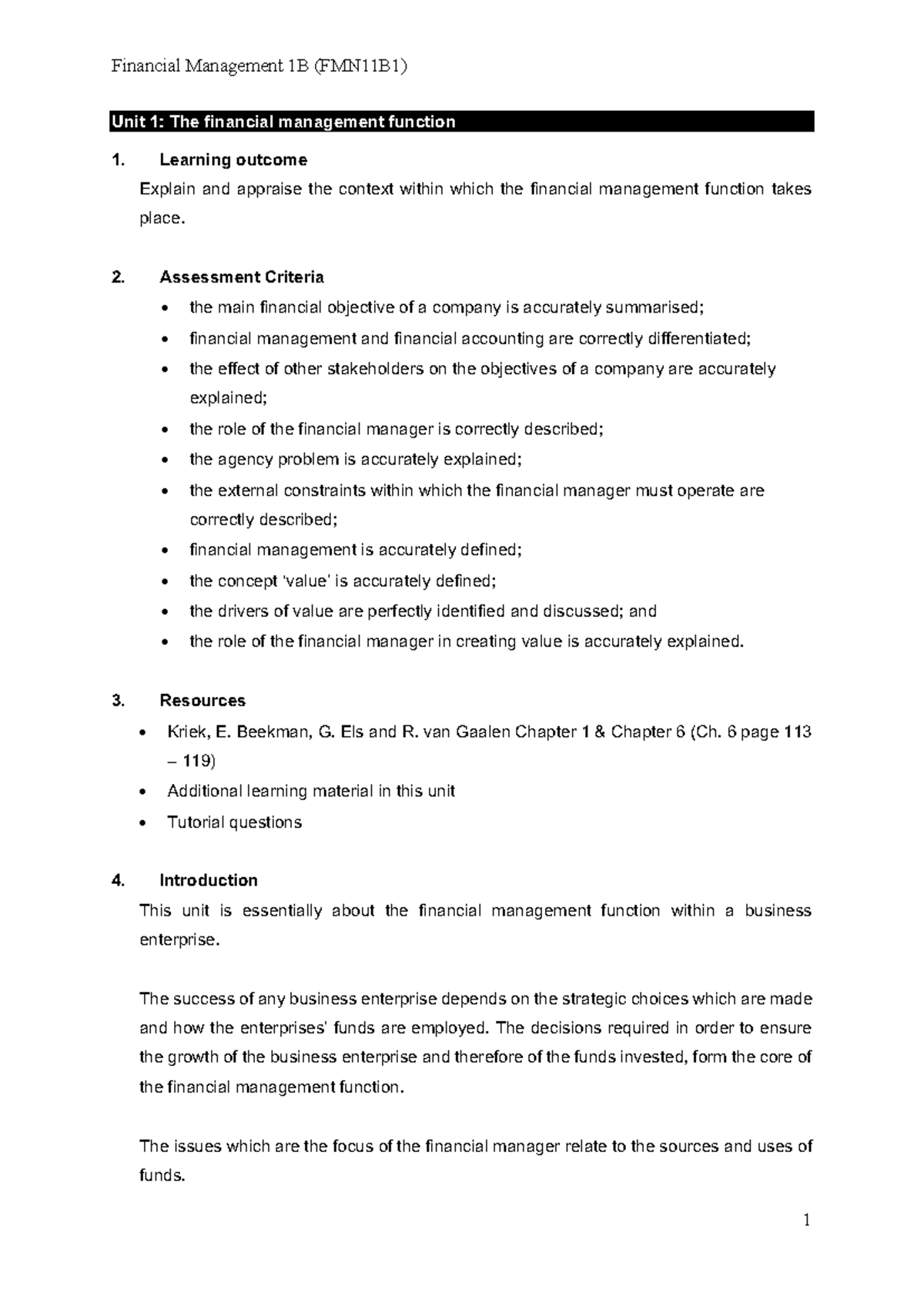 Financial Management 1B (FMN11B1) Unit 1: Understanding Financial ...