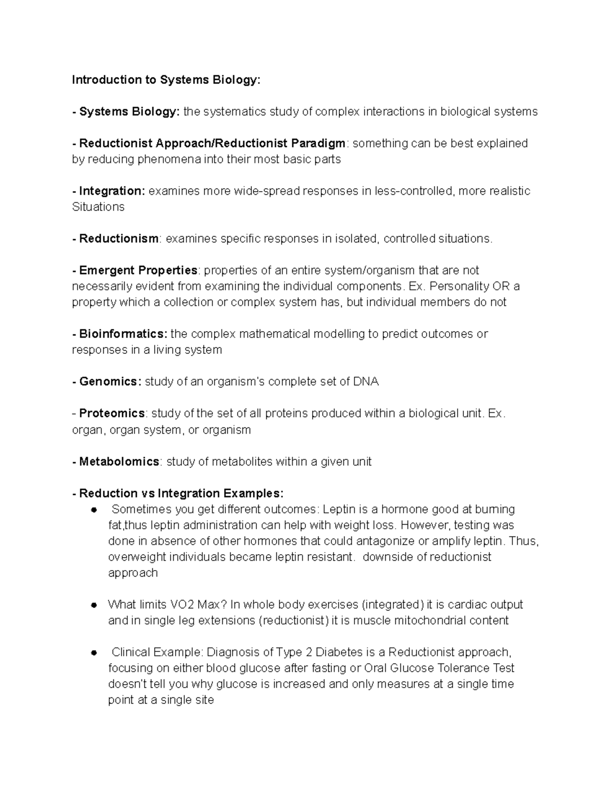 BIO 101 Midterm Review: Key Concepts in Systems Biology - Studocu