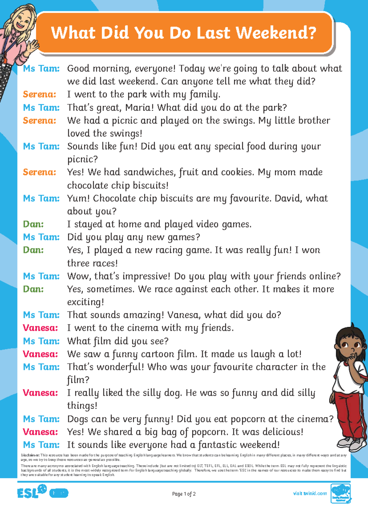 T-1727364882-ESL: Weekend Activities Reading Comprehension for Kids A2 ...