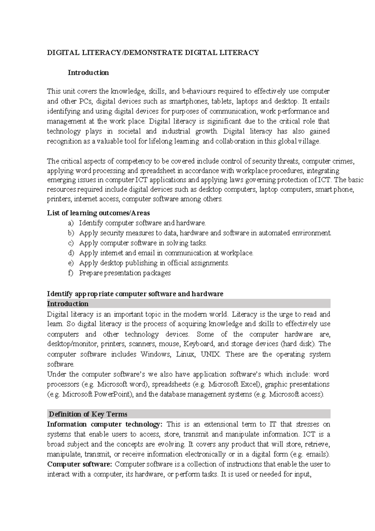 Digital Literacy S- Notes 1 - DIGITAL LITERACY/DEMONSTRATE DIGITAL ...