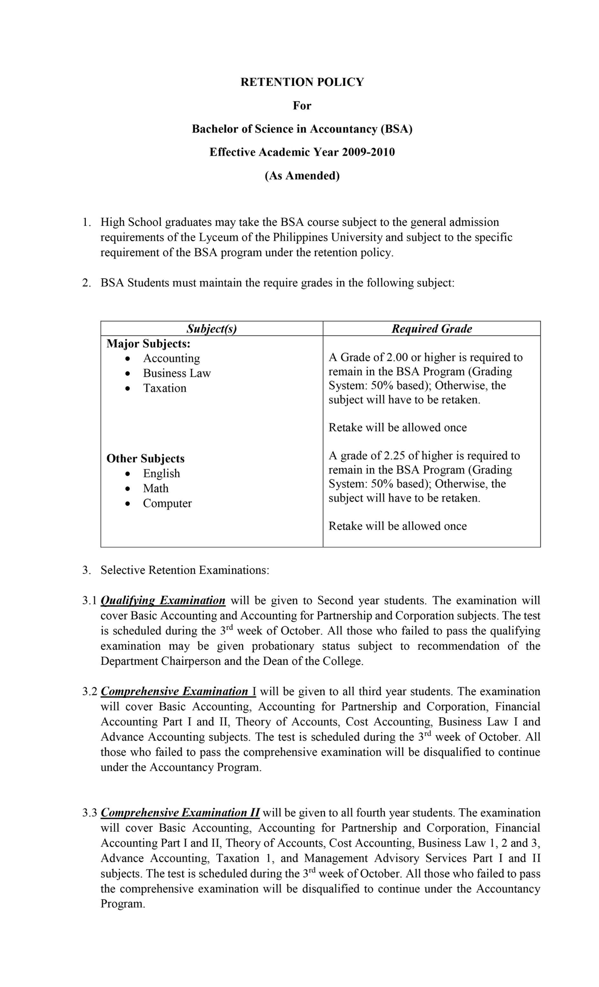 BSA Retention Policy - BS Accountancy - Studocu