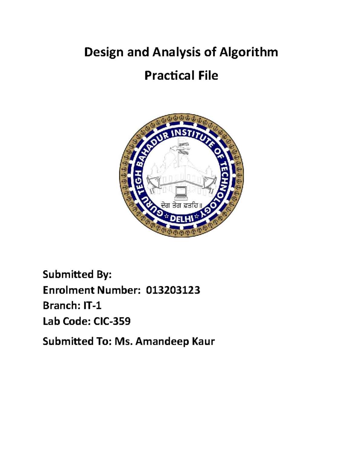 Design & Analysis of Algorithms Lab Report: Practical File - Studocu