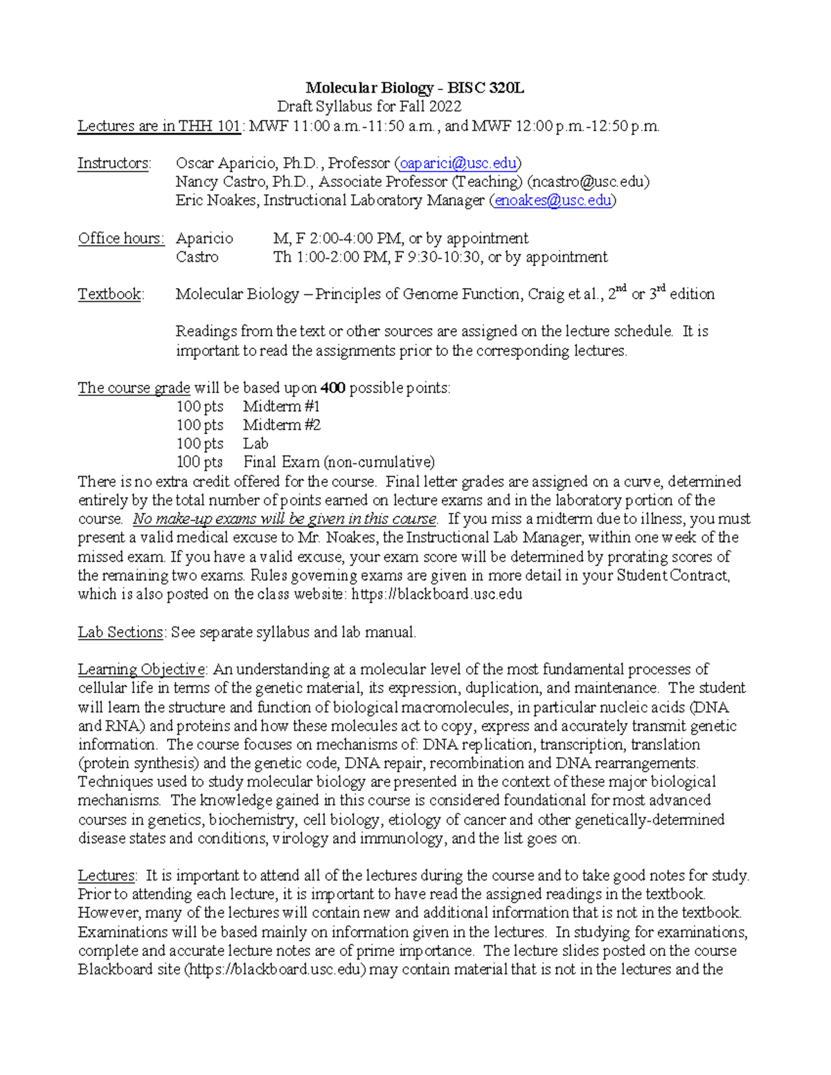BISC 320L Draft Syllabus for Molecular Biology - Fall 2022 - Studocu