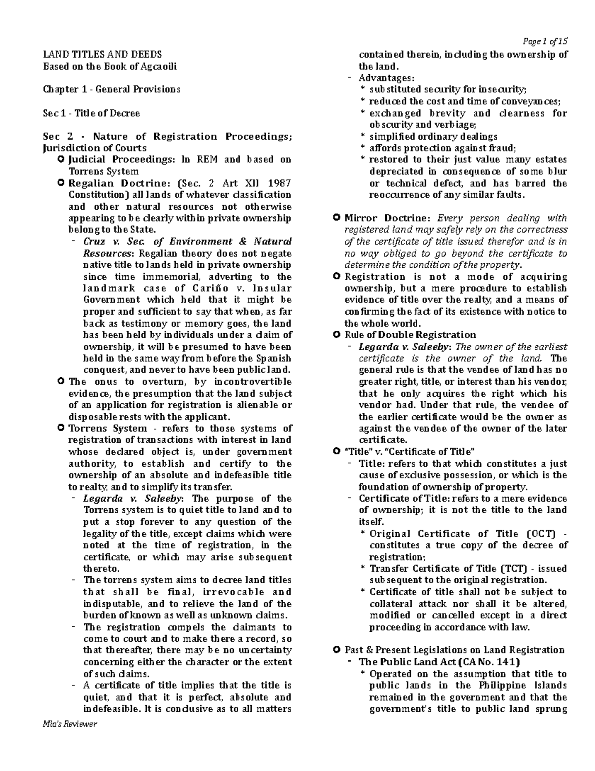 LTD 101: Comprehensive Reviewer on Land Titles and Deeds - Studocu