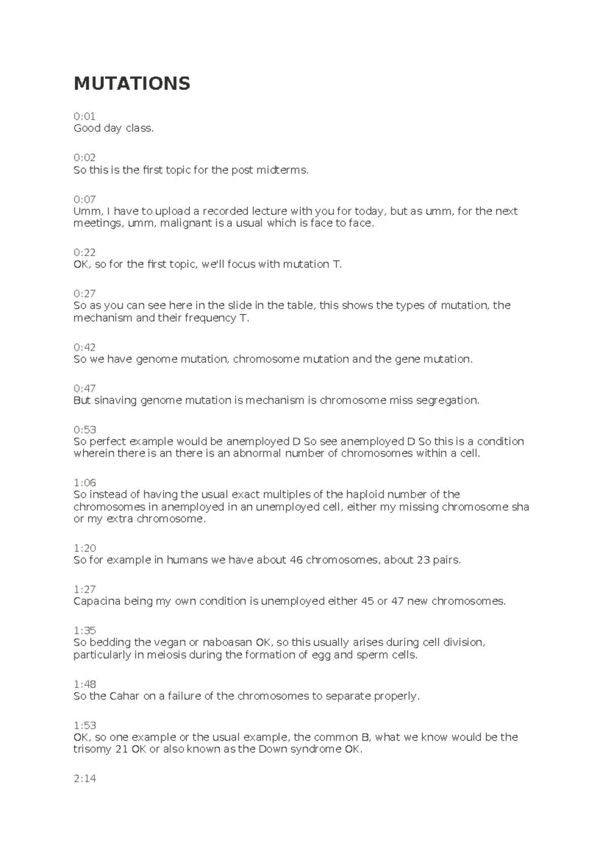 MUTATIONS 0:01 Lecture Notes: Understanding Genetic Changes and ...
