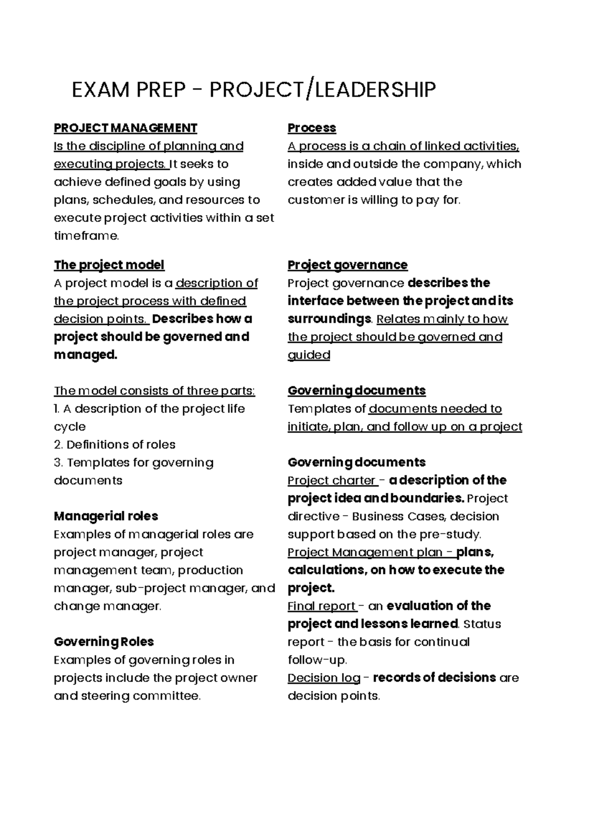 EXAM PREP - Project Leadership (PM 101) Notes and Key Concepts - Studocu