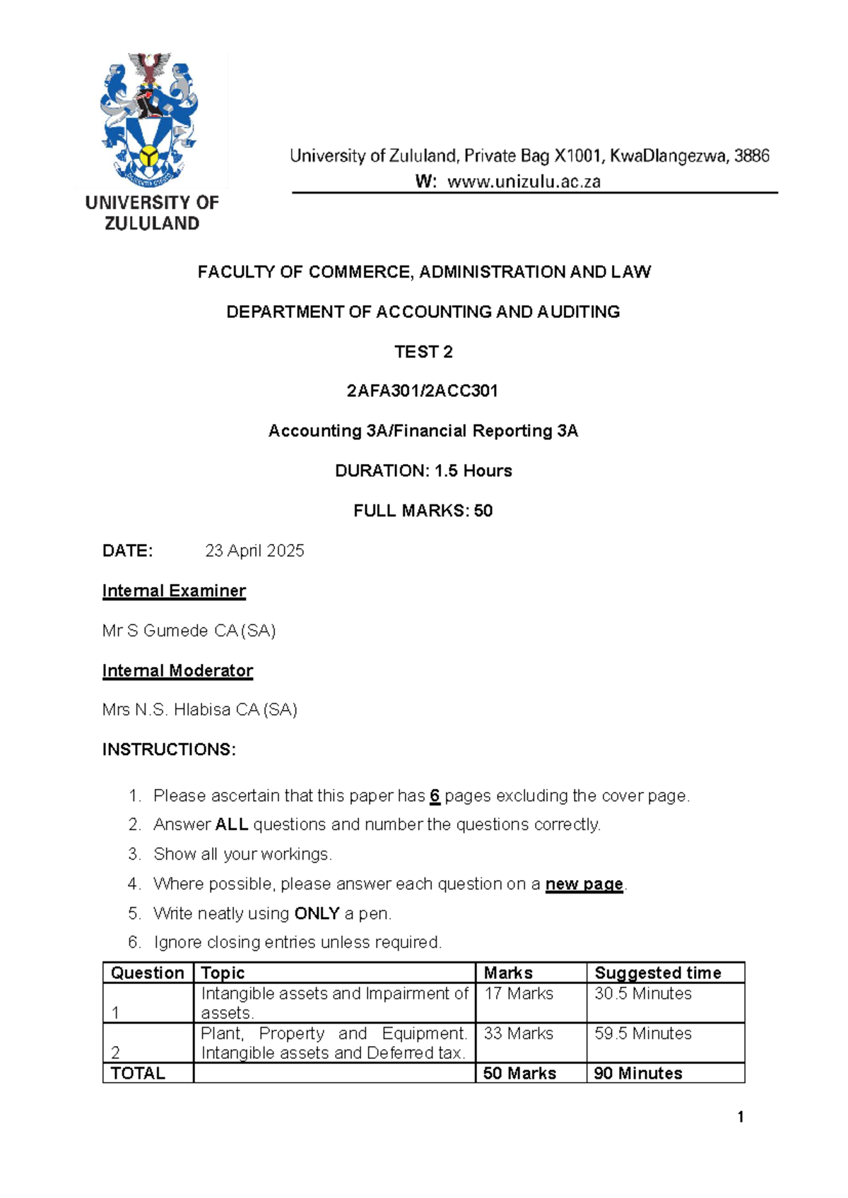 2025 Test 2 - Accounting Reporting 3A (2AFA301-2ACC301) Exam Guide ...