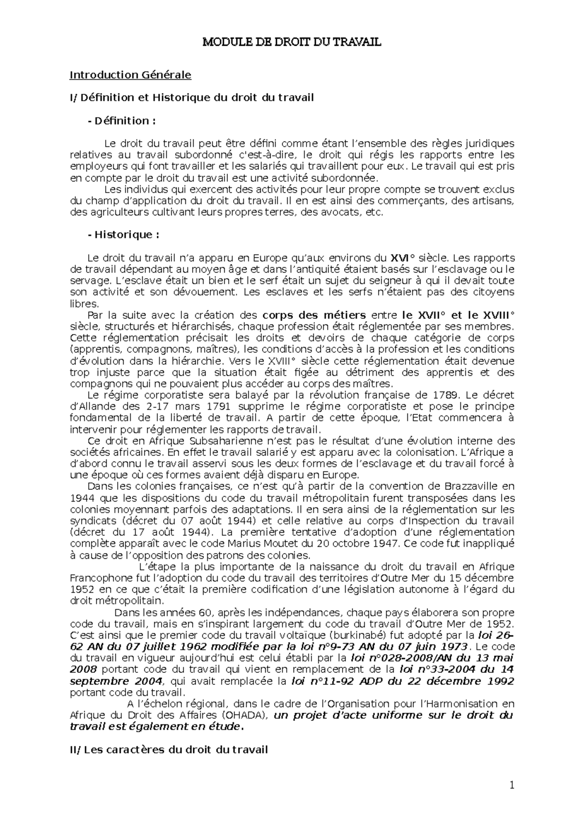 MODULE DE DROIT DU TRAVAIL : Introduction et Historique du Droit du ...