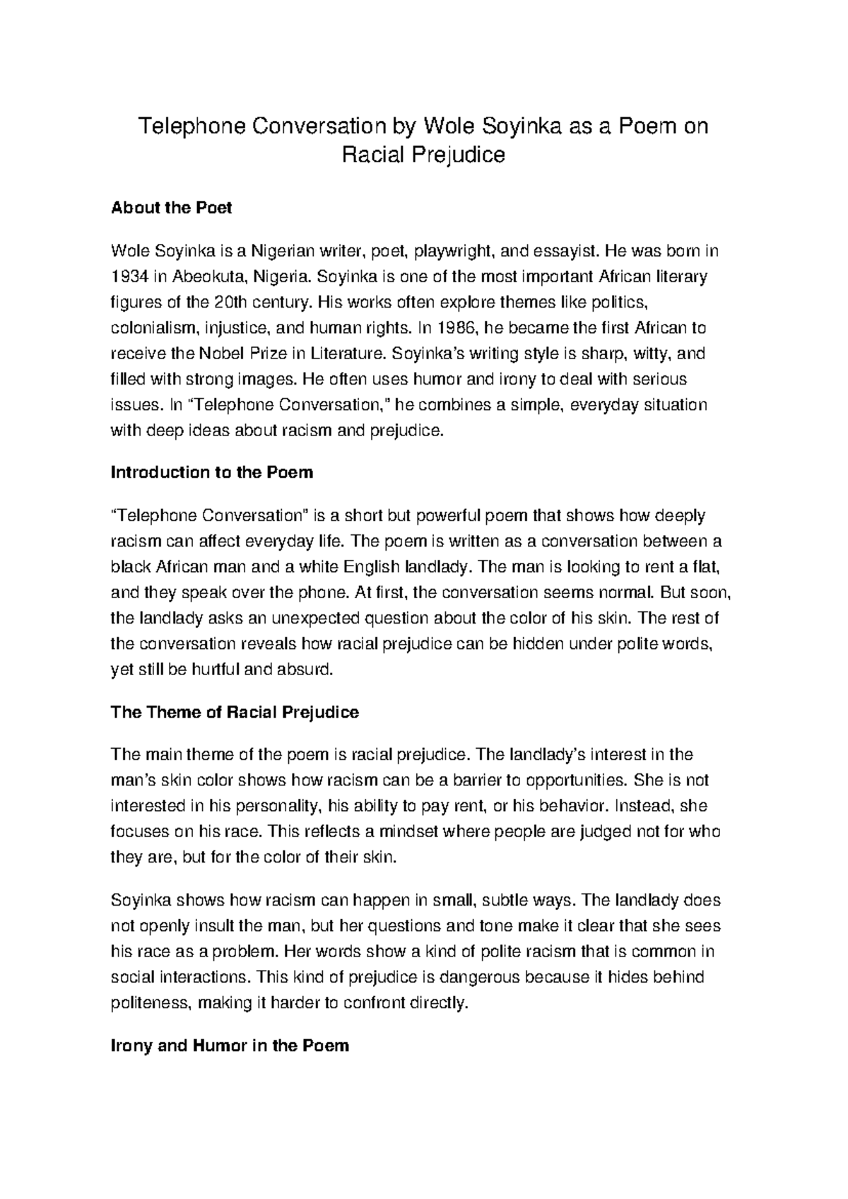 ENG 101: Essay on Wole Soyinka's "Telephone Conversation" and Racial ...