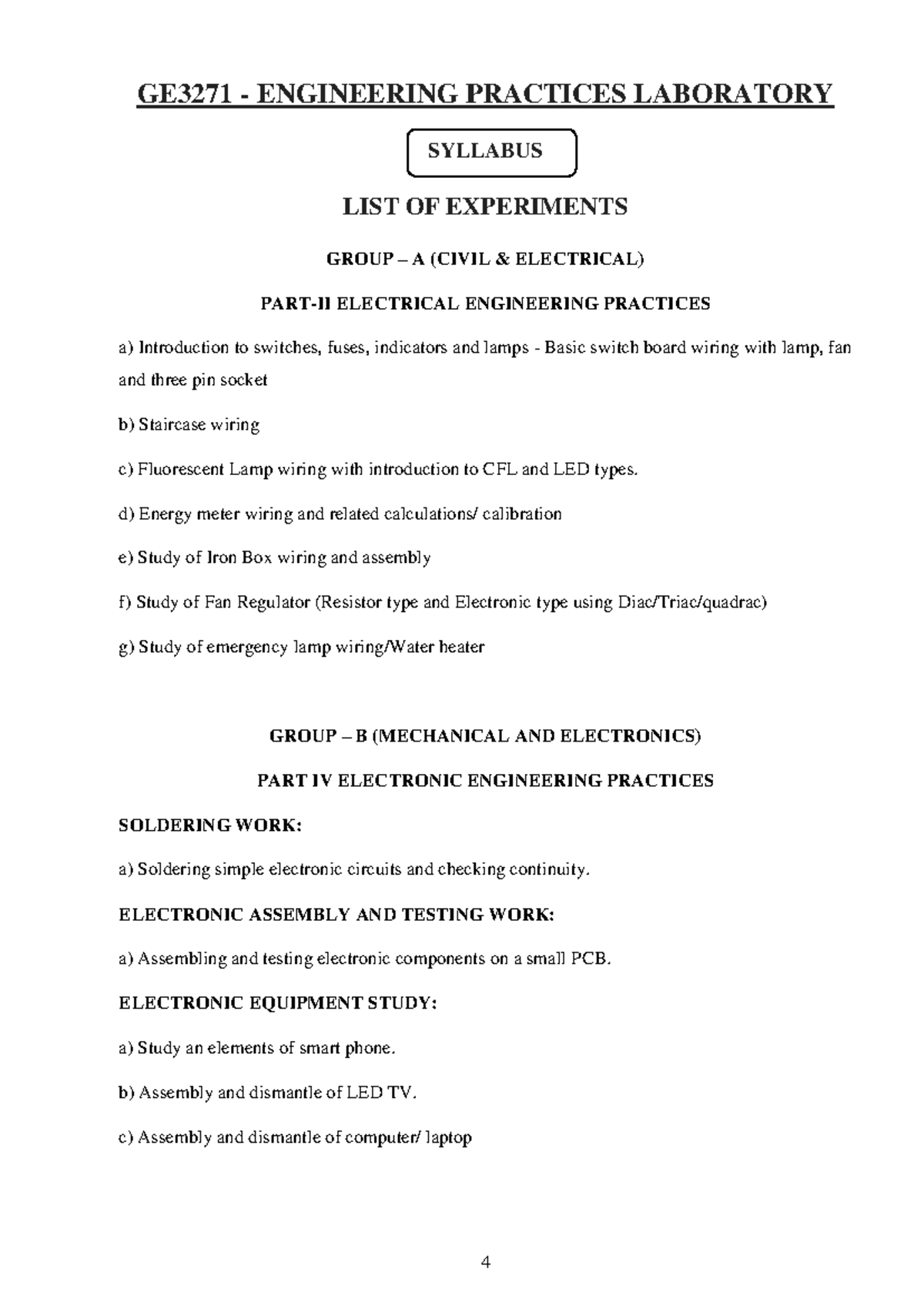 GE3271 - Engineering Practices Lab Manual: Electrical & Electronic ...