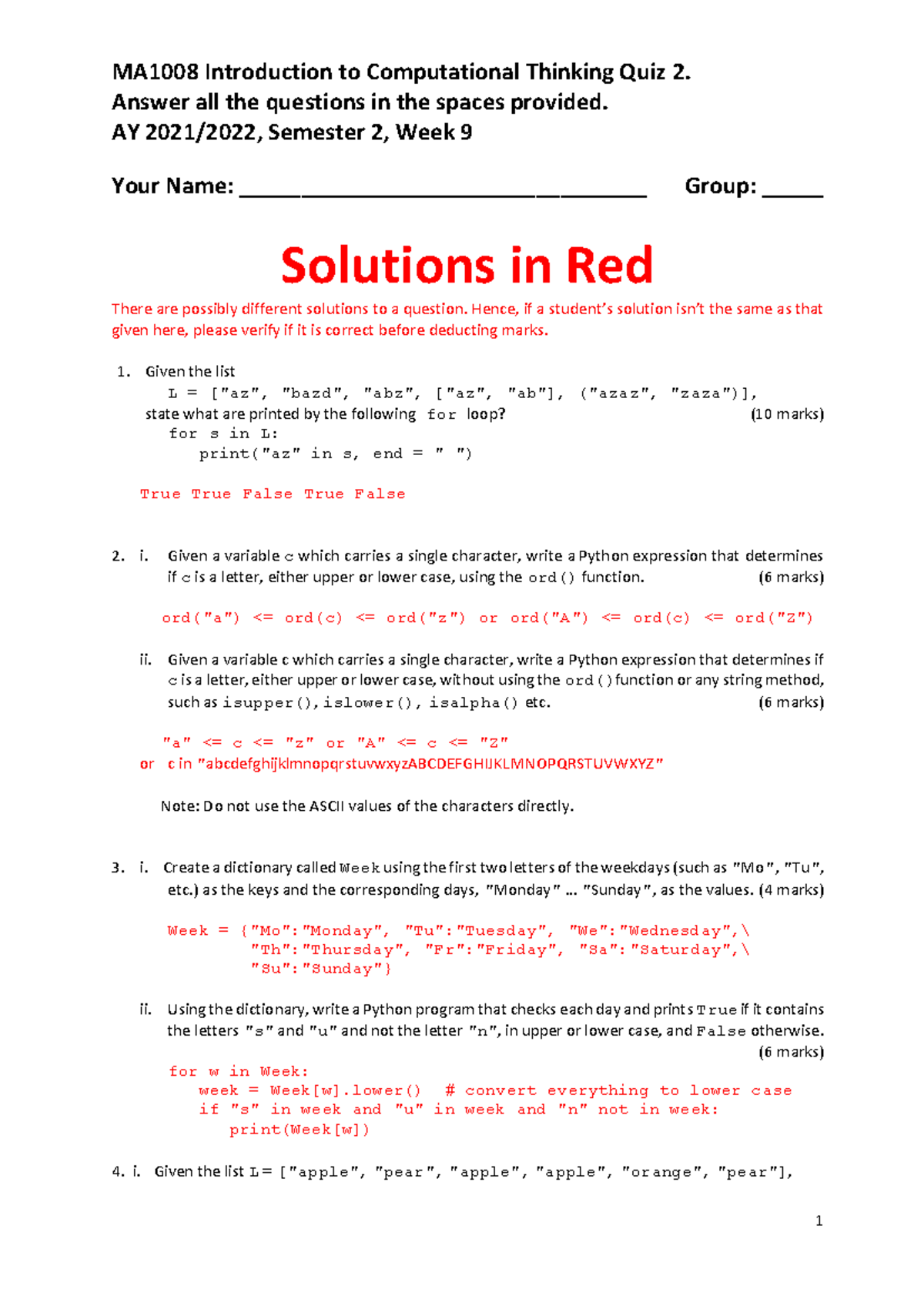 CA3 MA1008 Quiz 2 Solutions for Computational Thinking - Studocu