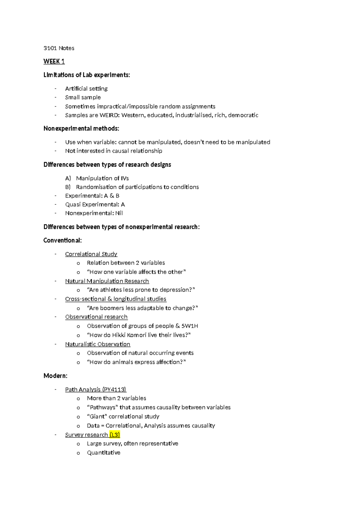 PY3101 Notes - 3101 Notes WEEK 1 Limitations of Lab experiments ...