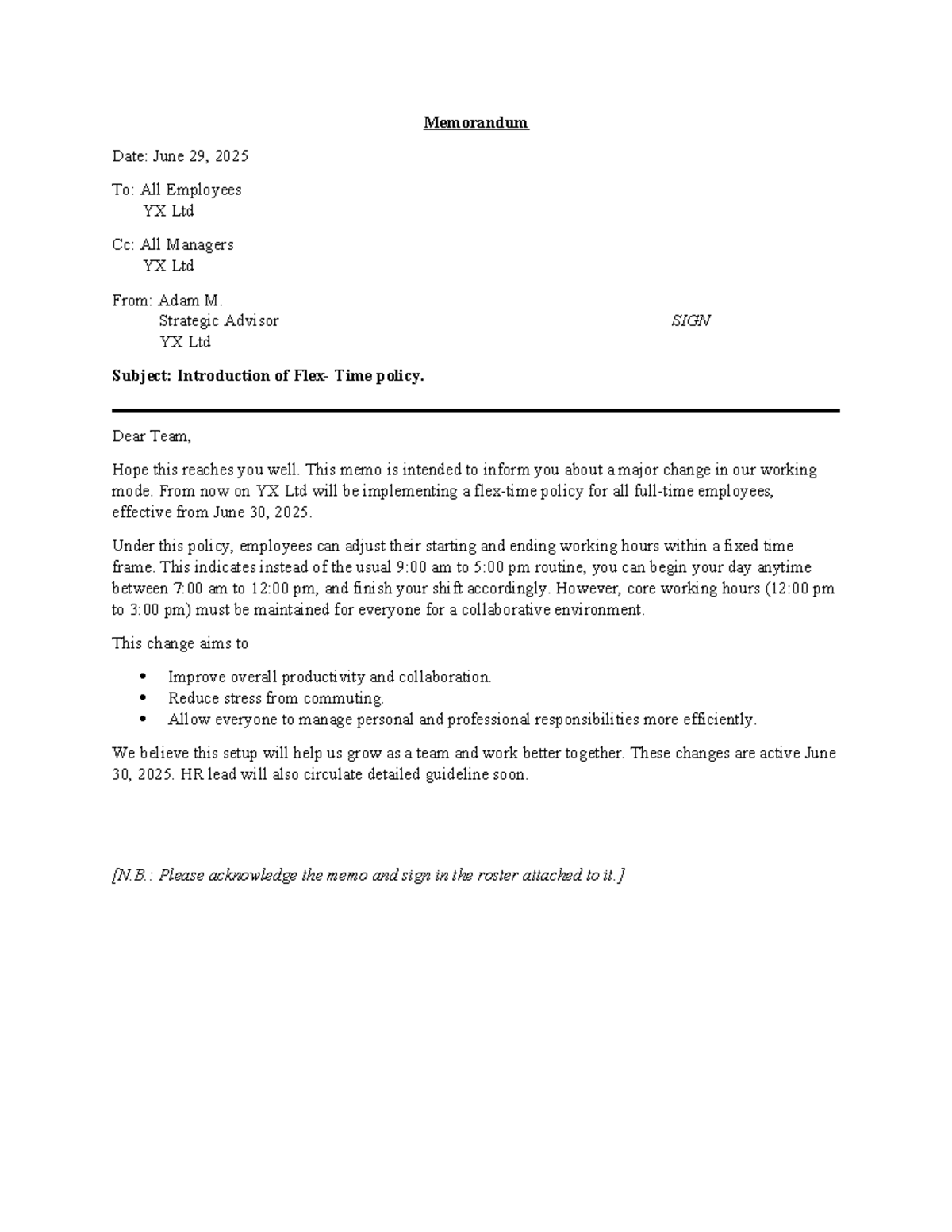 Memorandum: Introduction of Time Policy for All Employees - YX Ltd ...