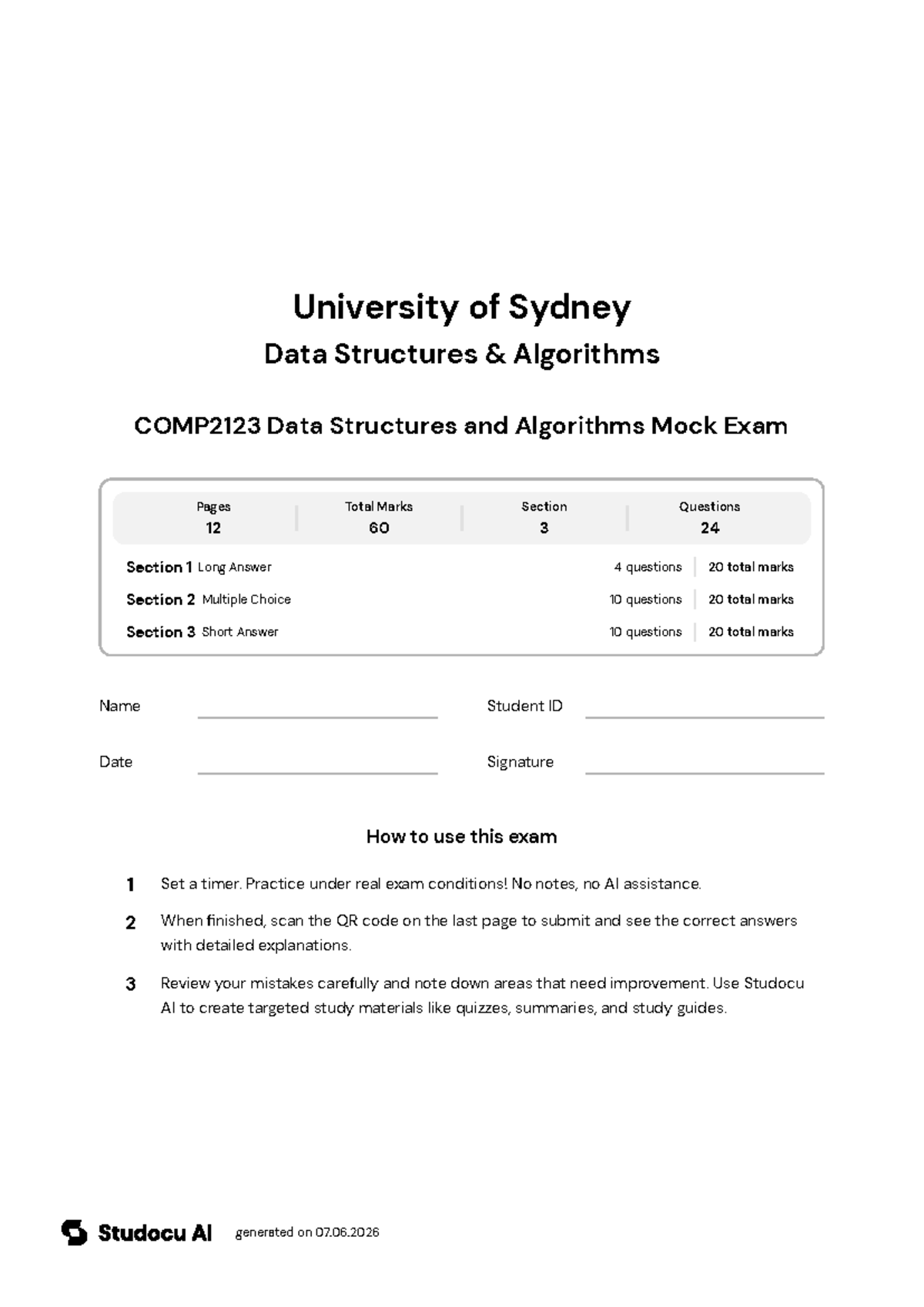 COMP2123 Data Structures and Algorithms Mock Exam - Studocu