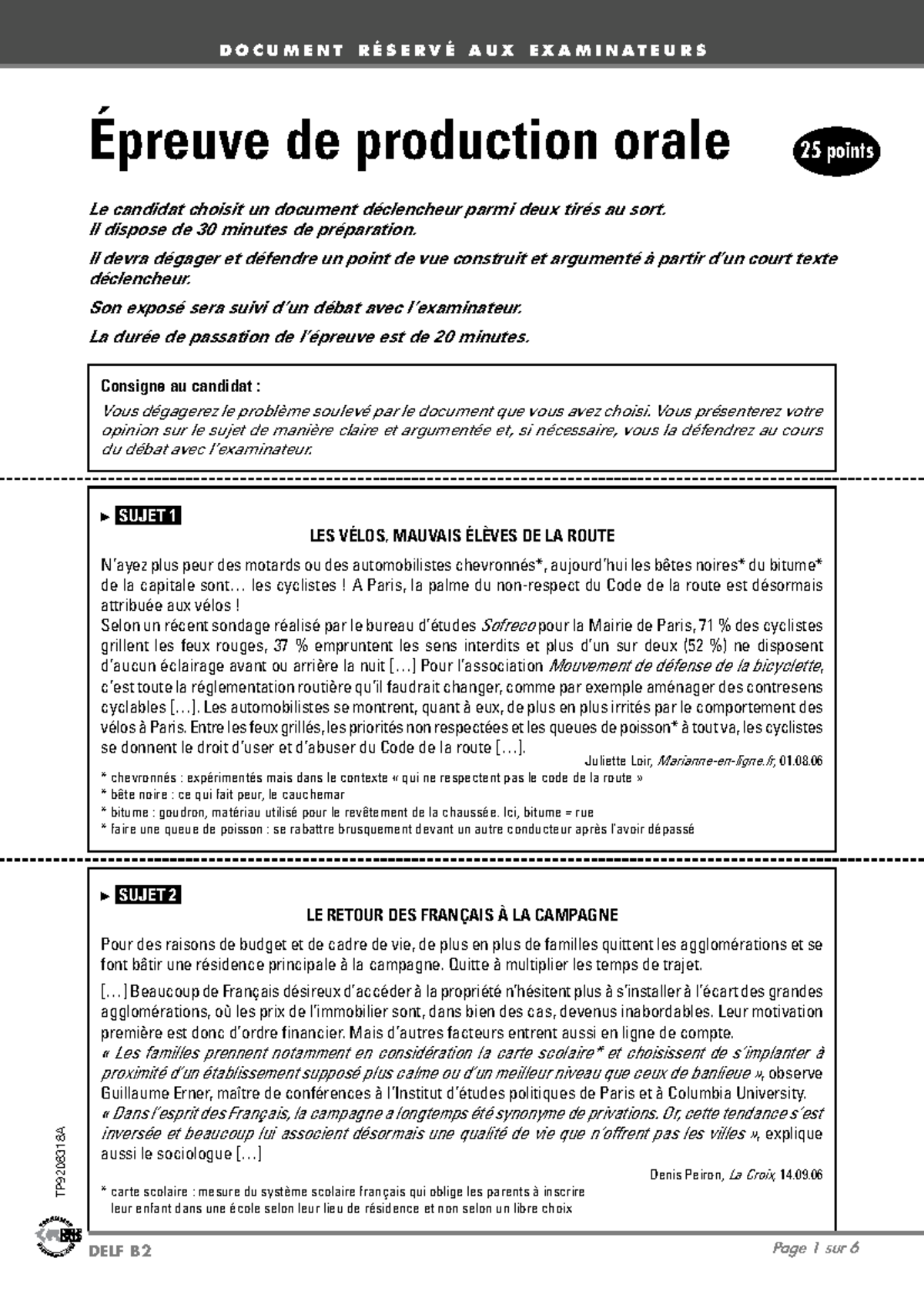 DELF B2 Exemples De Sujets Pour L preuve De Production Orale Studocu