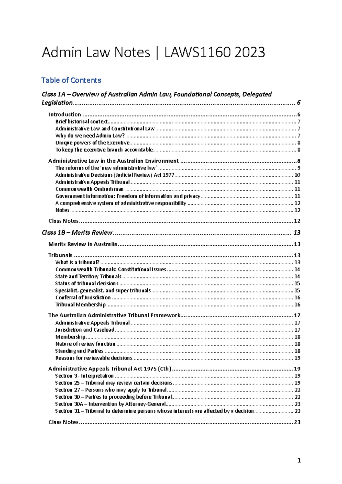 Admin Law Notes LAWS1160: Overview and Key Concepts 2023 - Studocu