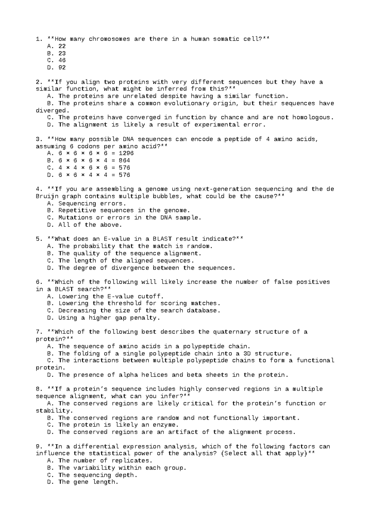 Bioinformatics Practice Quiz: Key Concepts and Questions - Studeersnel