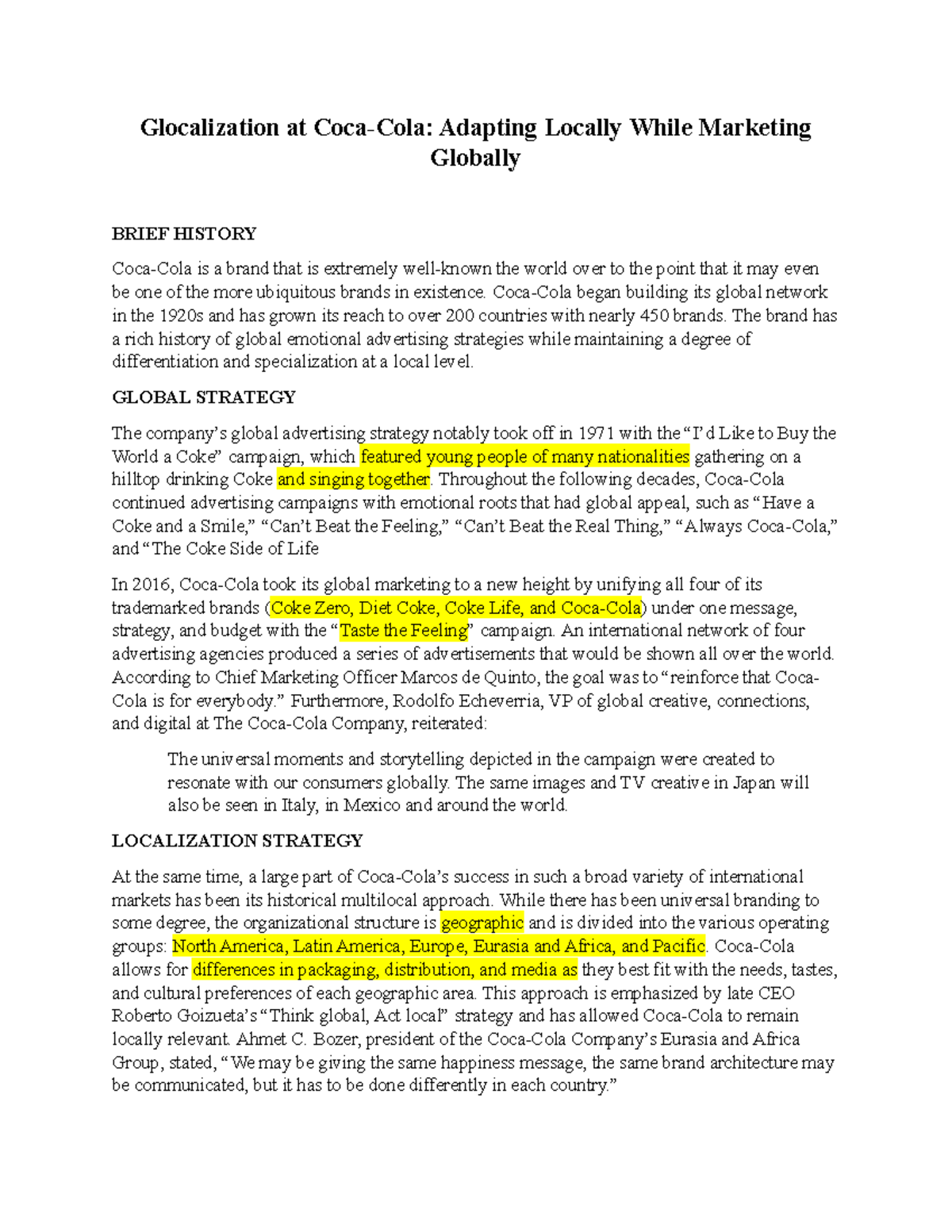 Case Study: Glocalization Strategies of Coca-Cola in Global Markets ...