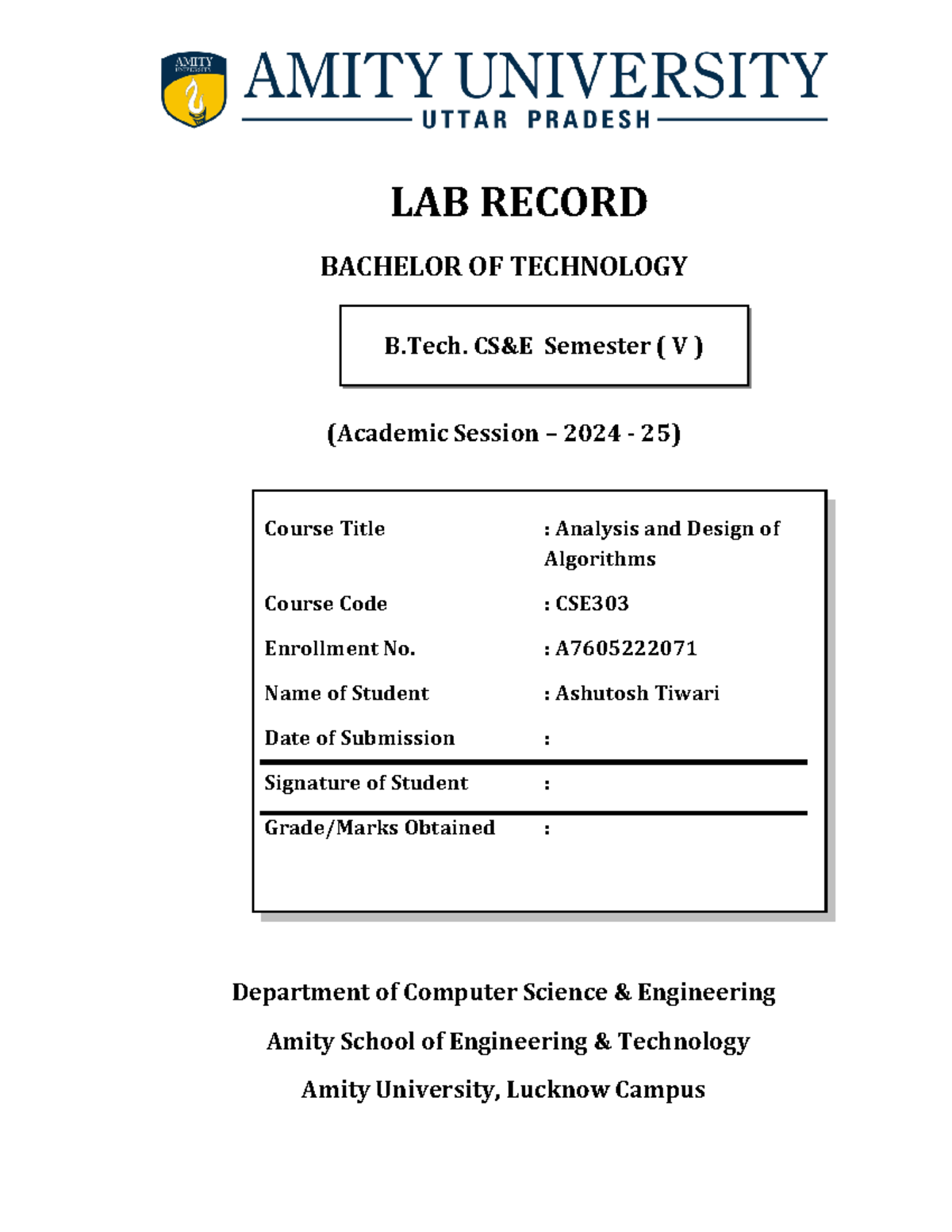 LAB RECORD: CSE303 - Analysis and Design of Algorithms (B.Tech Sem V ...
