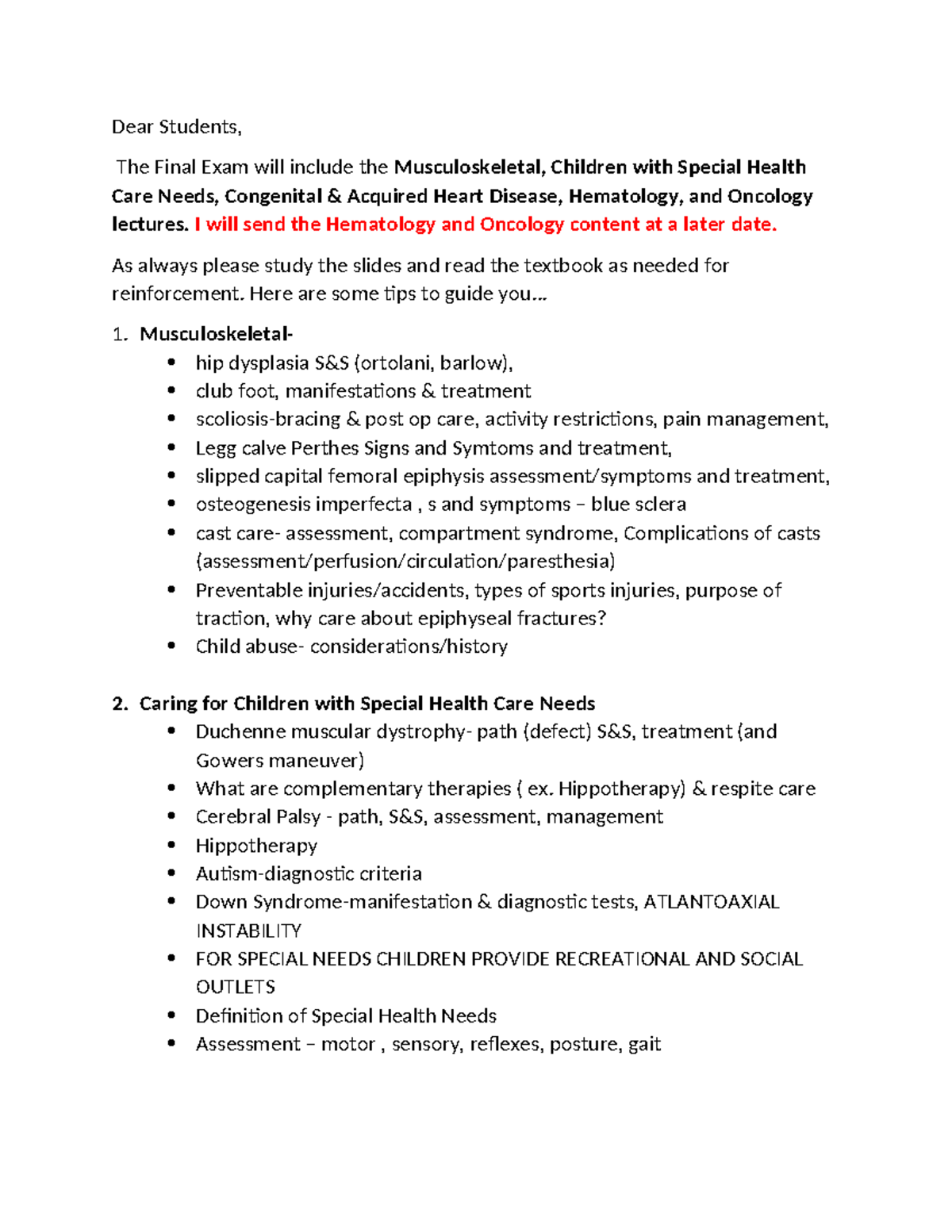 Exam 2 study guide Fall 2024 - Dear Students, The Final Exam will ...