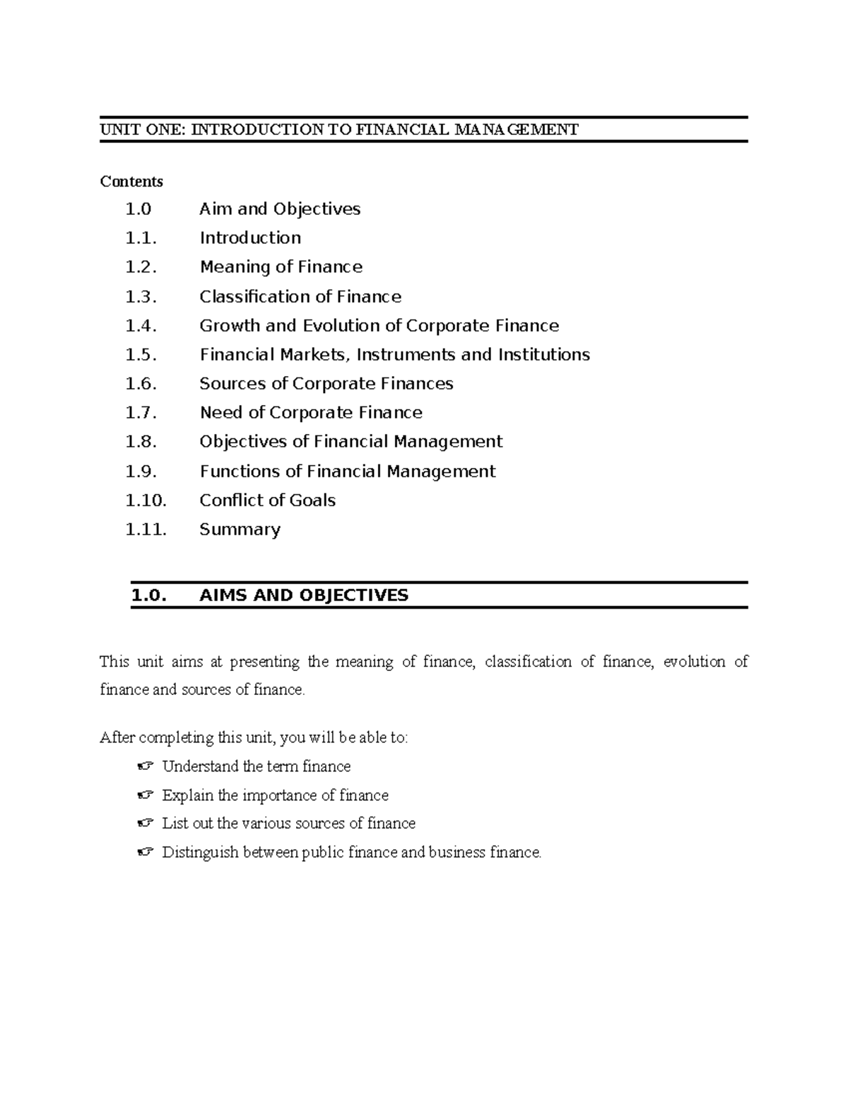 UNIT ONE: Introduction to Financial Management (FIN 101) - Studocu