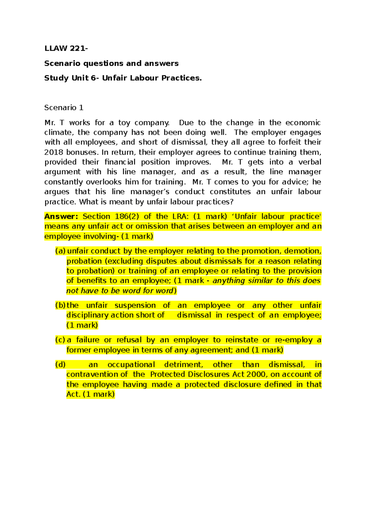 LLAW 221 Study Unit 6: Scenarios on Unfair Labour Practices - Studocu