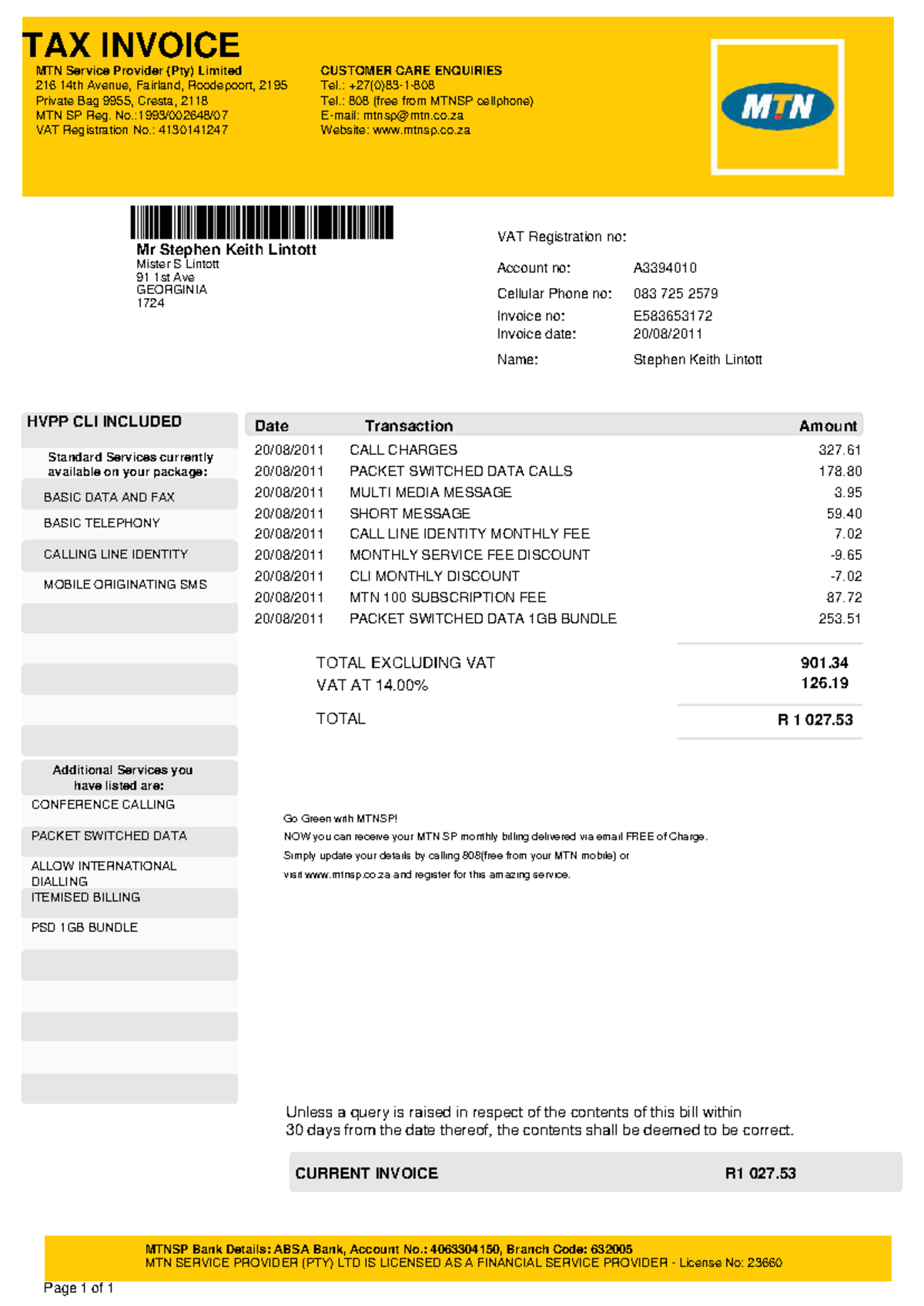 MTN SP Tax Invoice - August 2011 for Stephen Lintott - Studocu