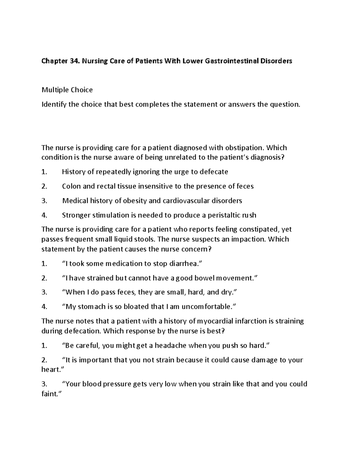 Final Study Guide: Nursing Care for Patients with Lower GI Disorders ...