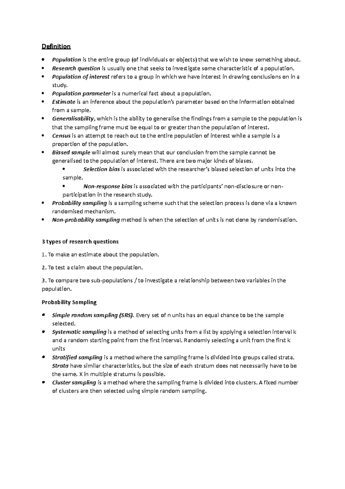 Statistics 101 - Exam Sheet Summary on Population and Sampling - Studocu