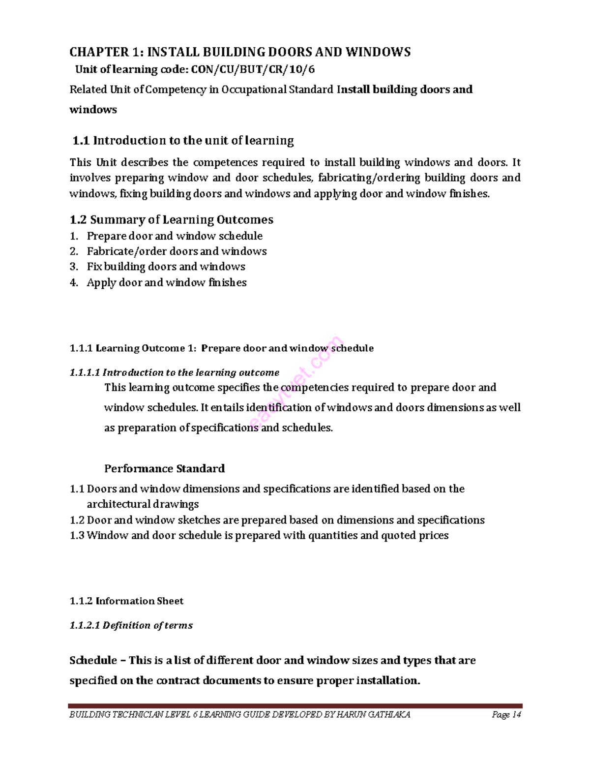 CHAPTER 1: INSTALLATION OF BUILDING DOORS AND WINDOWS - TECHNICIAN ...