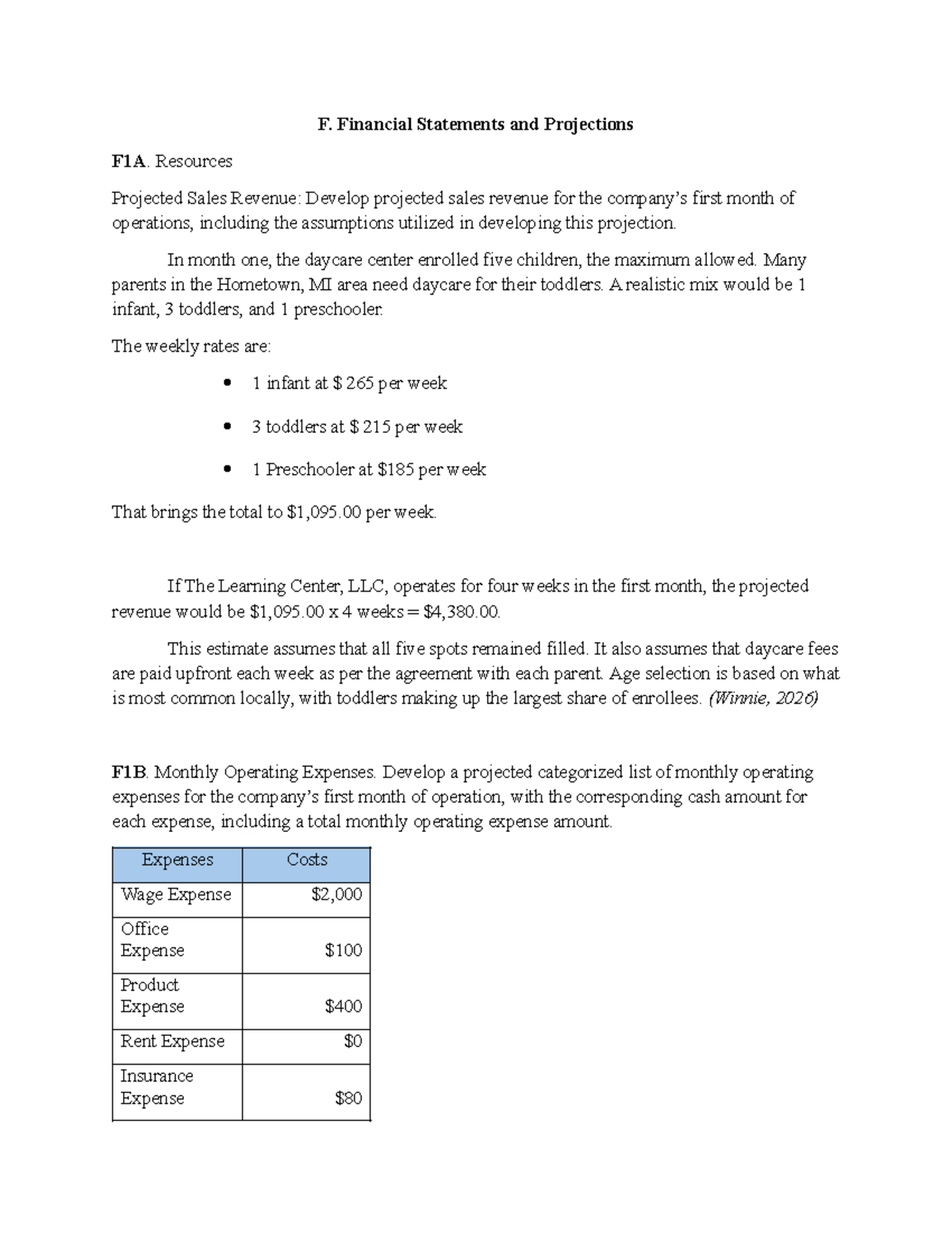 F. Financial Statements & Projections for The Learning Center, LLC ...