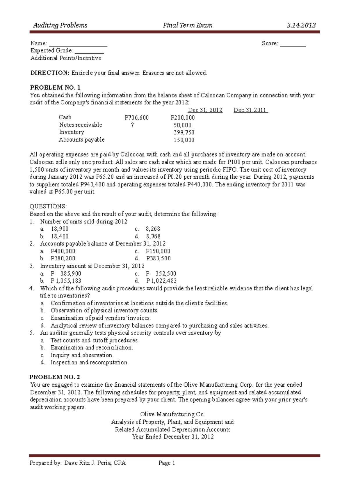 203349718 Auditing Problems and Solutions Review Guide - Studocu