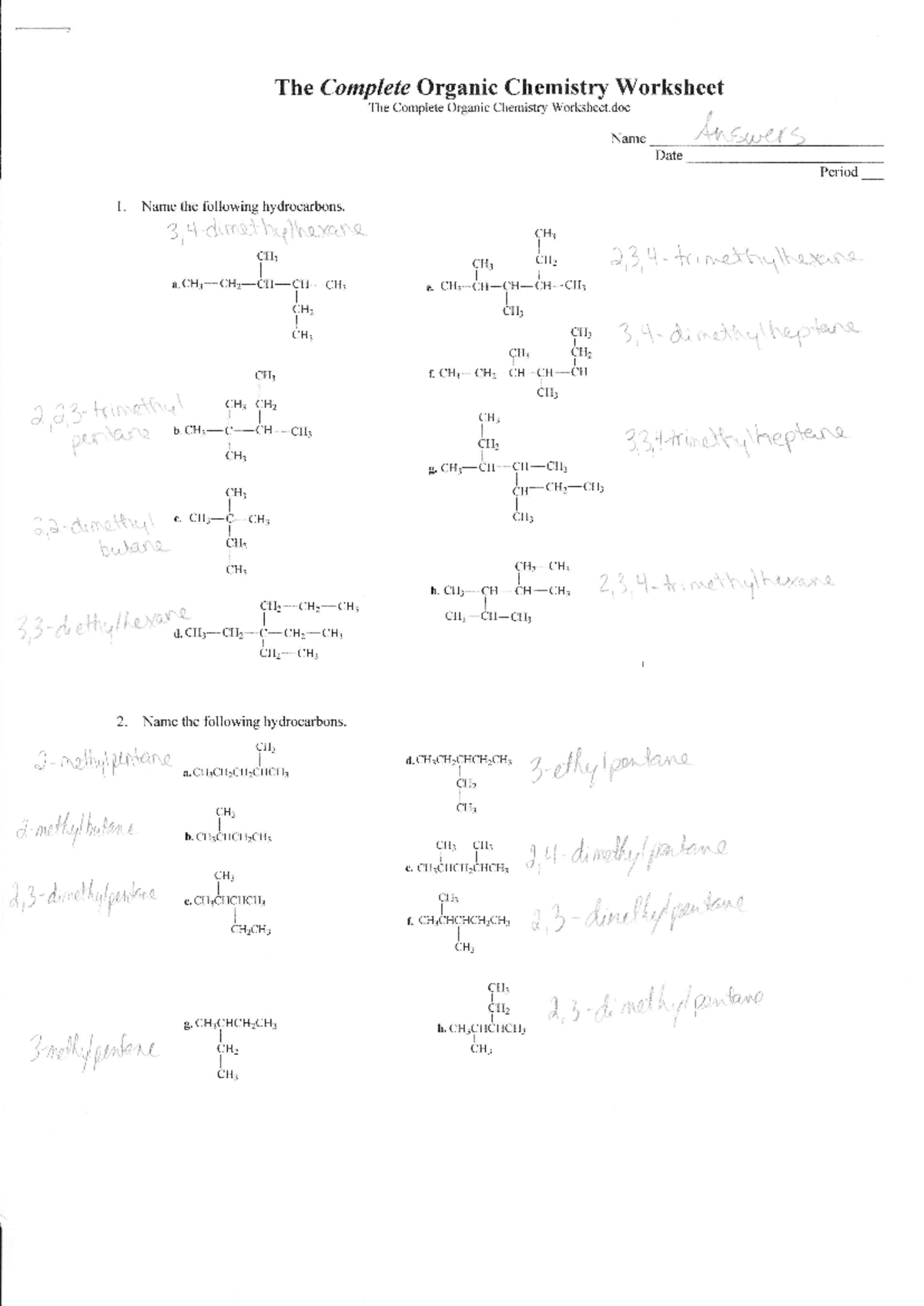Organic Chemistry Worksheet Answers (OCH 101) - Studocu