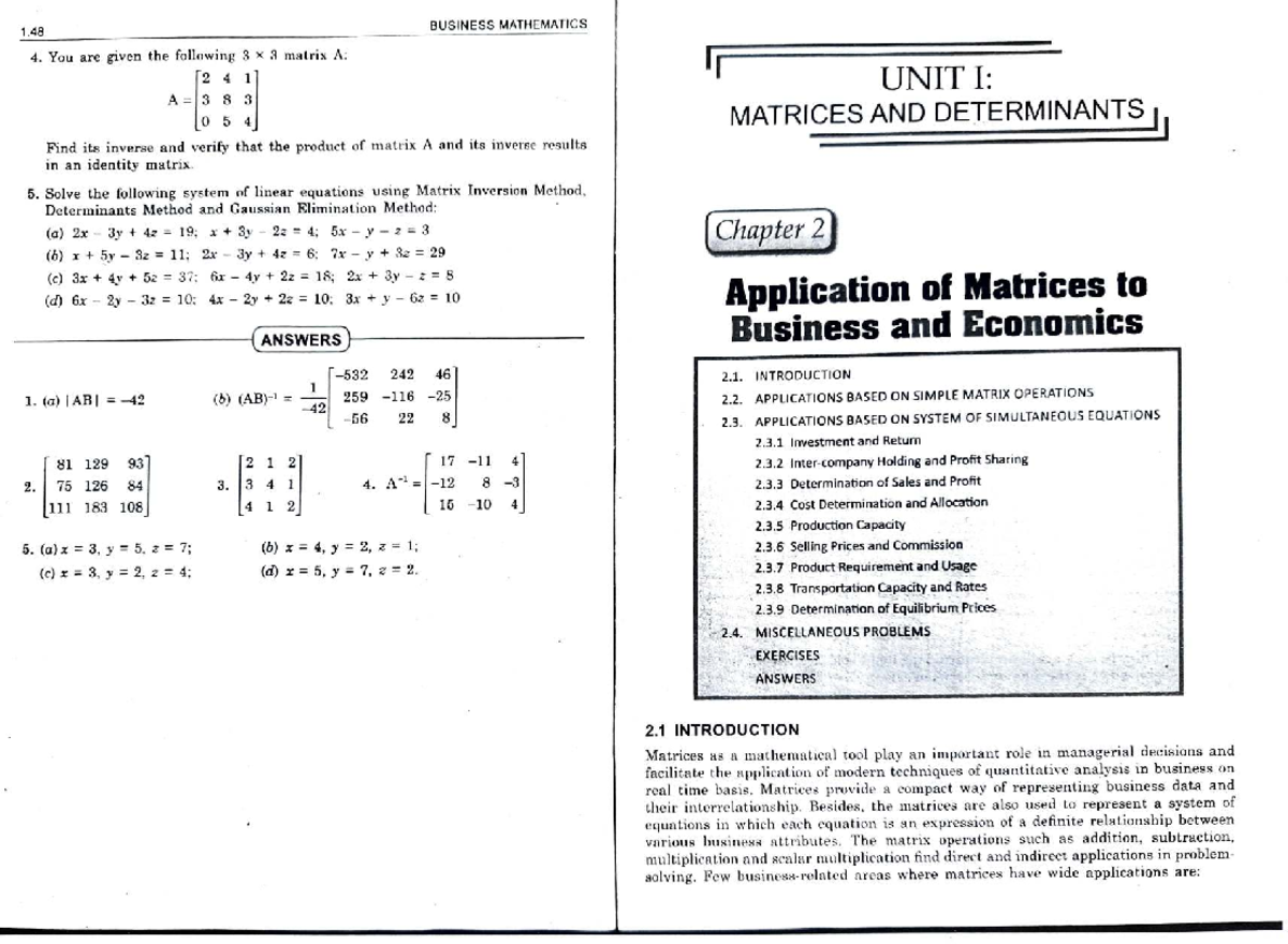 Application of Matrices in Business Mathematics (B.Com. Hons.) - Studocu