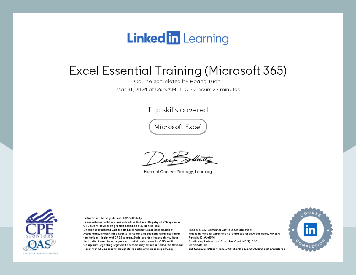 Certificate of Completion: Excel Essential Training (MS 365) - Studocu