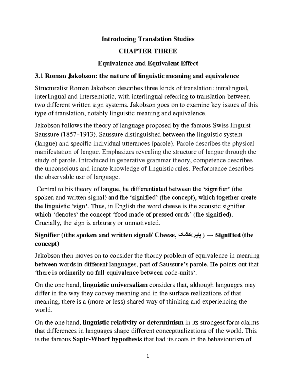 Munday CH 3 N - Summary on Equivalence in Translation Studies - Studocu